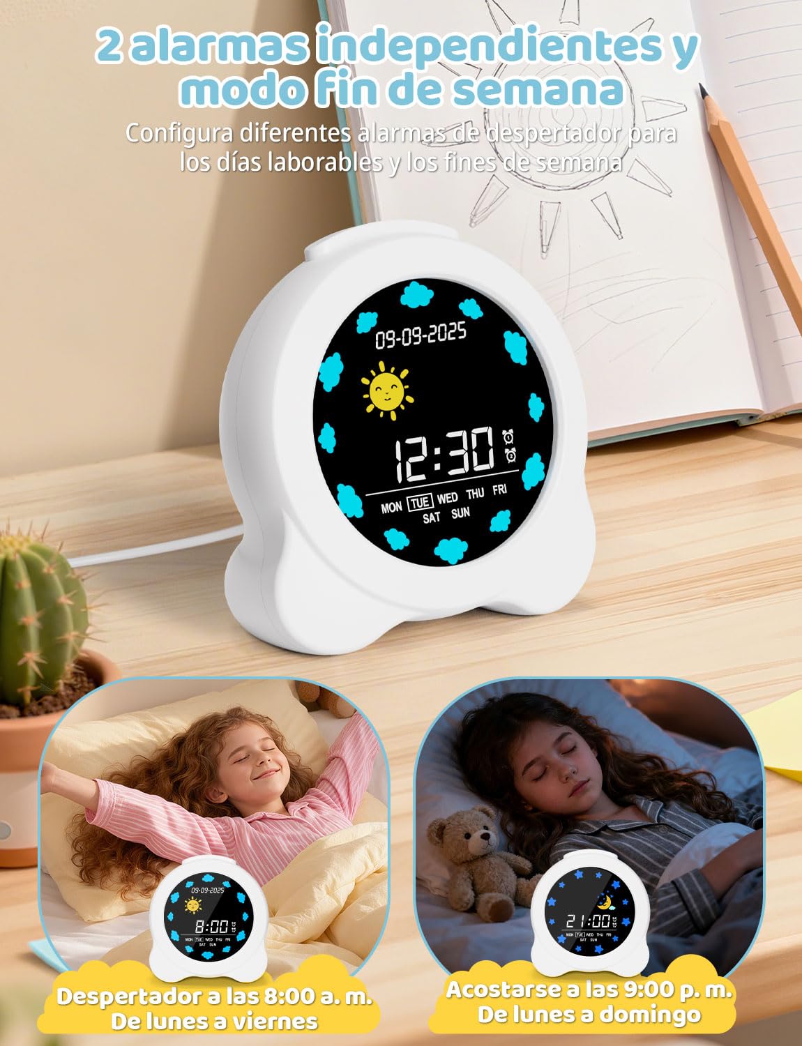 YISSVIC Despertador Infantil 2 Alarmas Brillo Ajustables 3 Volumenes 6 Músicas, Reloj Despertador Digital Función de Repetición Entrenamiento del Sueño para Niños