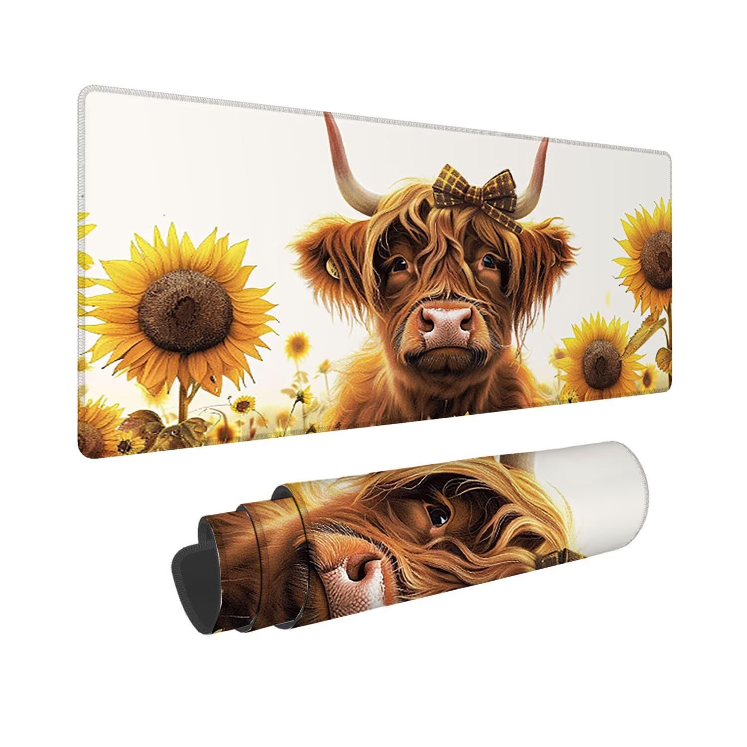 Tapis de Souris Gaming XXL (1200x600mm) - Grand Tapis Bureau Antidérapant Étanche Bords Cousus Caoutchouc Naturel pour Gamer PC Portable Bureau - Précision Vitesse Confort Vache de Tournesol G-844