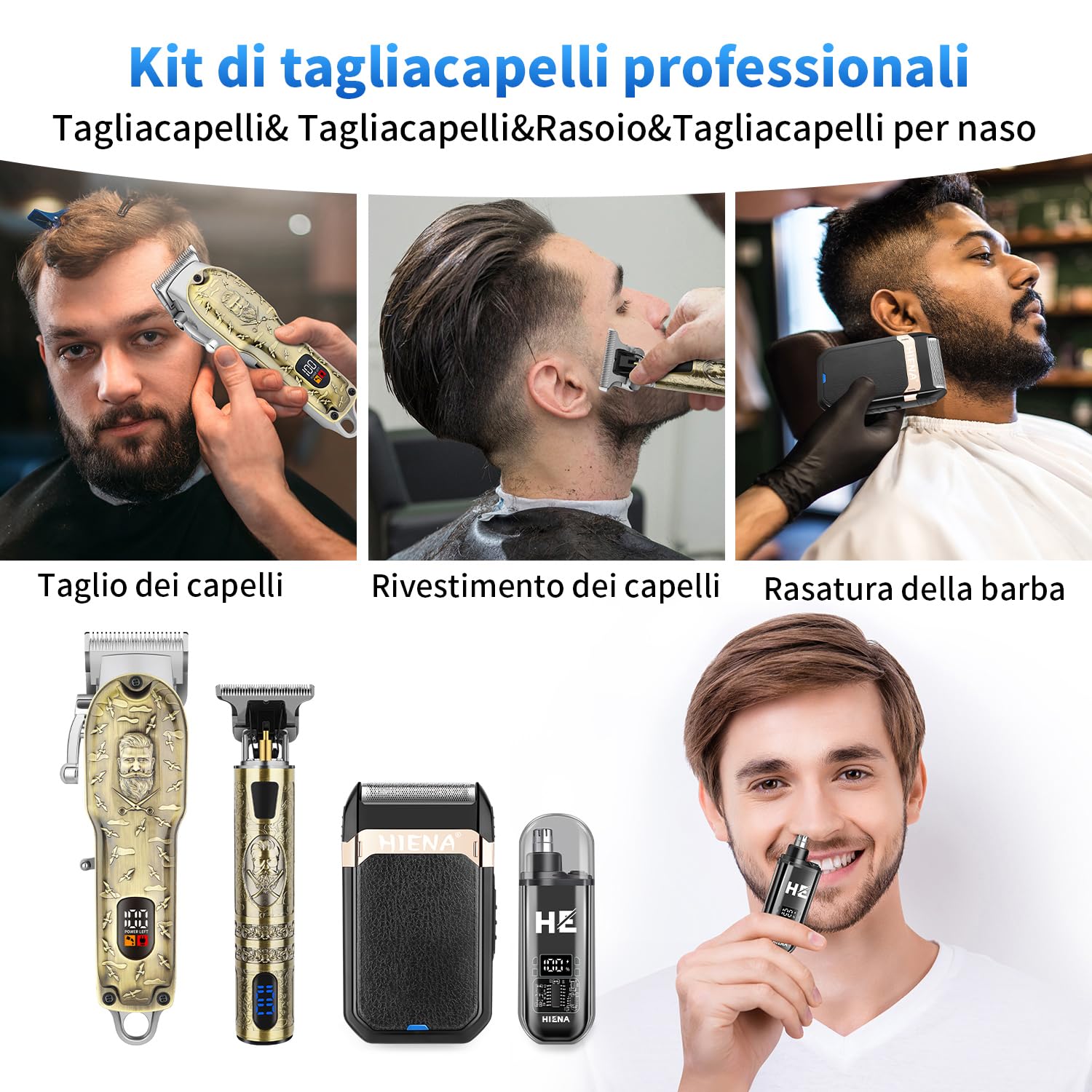 HIENA PRO Tagliacapelli Uomo Professionale, Macchinetta per Capelli Senza Fili, Regolabarba, Rasoio a Lamina, Tagliapeli Naso, Kit Completo per Rasatura e Taglio di Capelli Elettrico