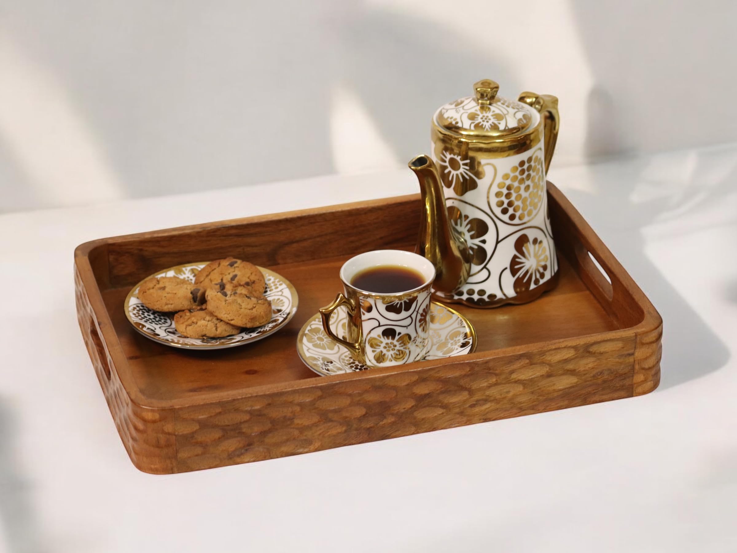 Vesta Homes Taca do serwowania z drewna akacjowego do domu / kuchni / restauracji / organizera biurowego / stołu do jadalni | Tace do serwowania premium | 38 x 25 x 5 cm | ręcznie wykonane w Indiach