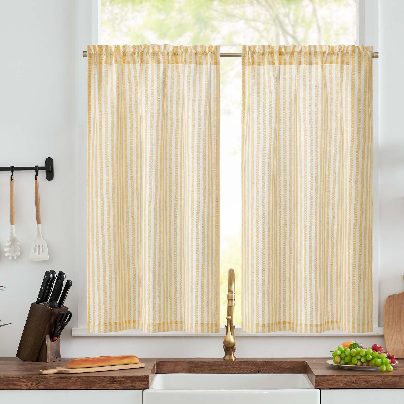 TOPICK Kitchen Curtains, Striped Cafe Curtains, W26 xL45 Yellow 2 Panels