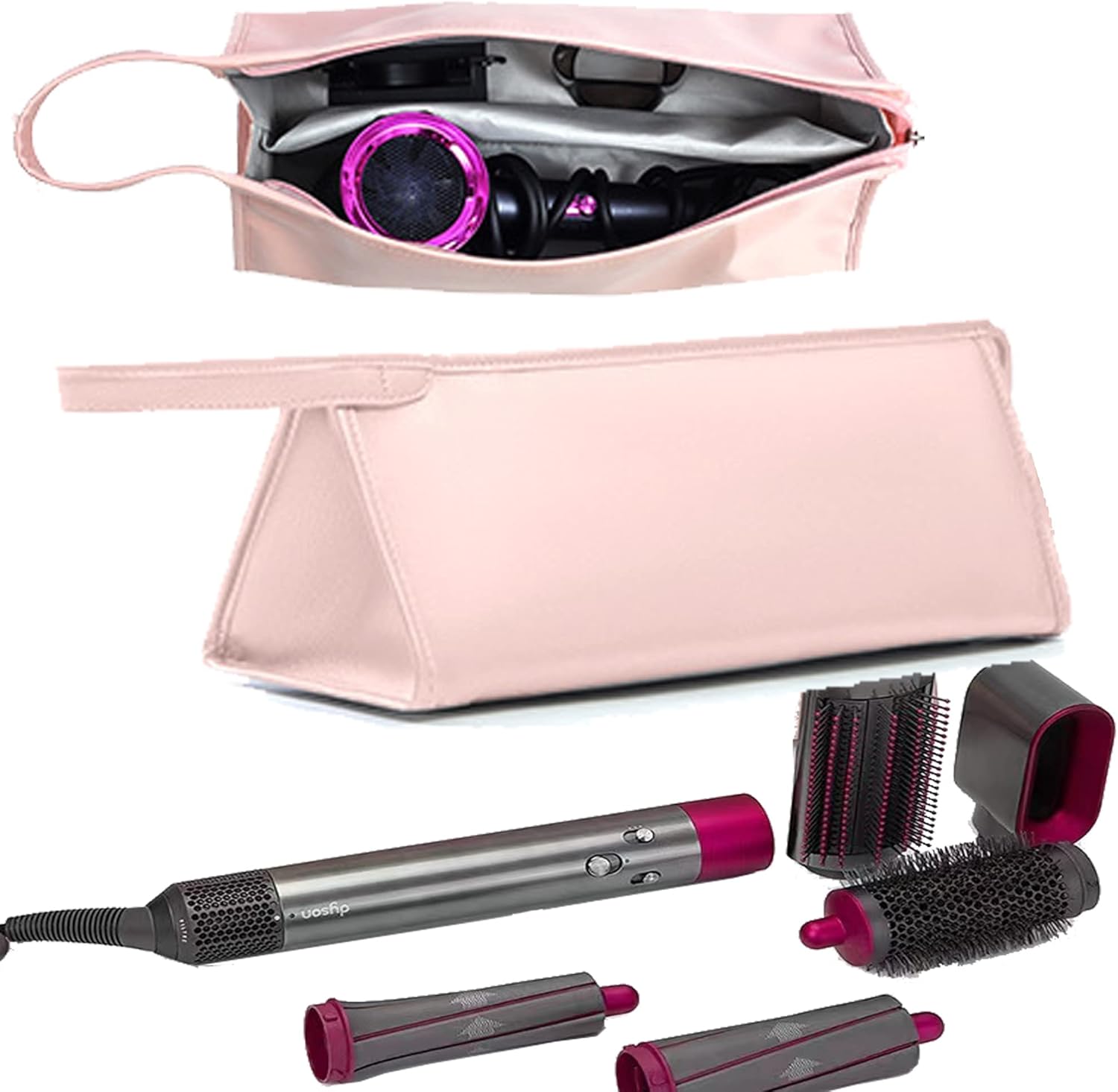DXIA Waterdichte Haardroger PU Leather Draagbare, Travel Case Bag Organizer voor Dyson Airwrap Styler, Reizen Opbergtas voor Dyson Supersonic Hair Dryer, Hair Curler Accessoires (Roze)