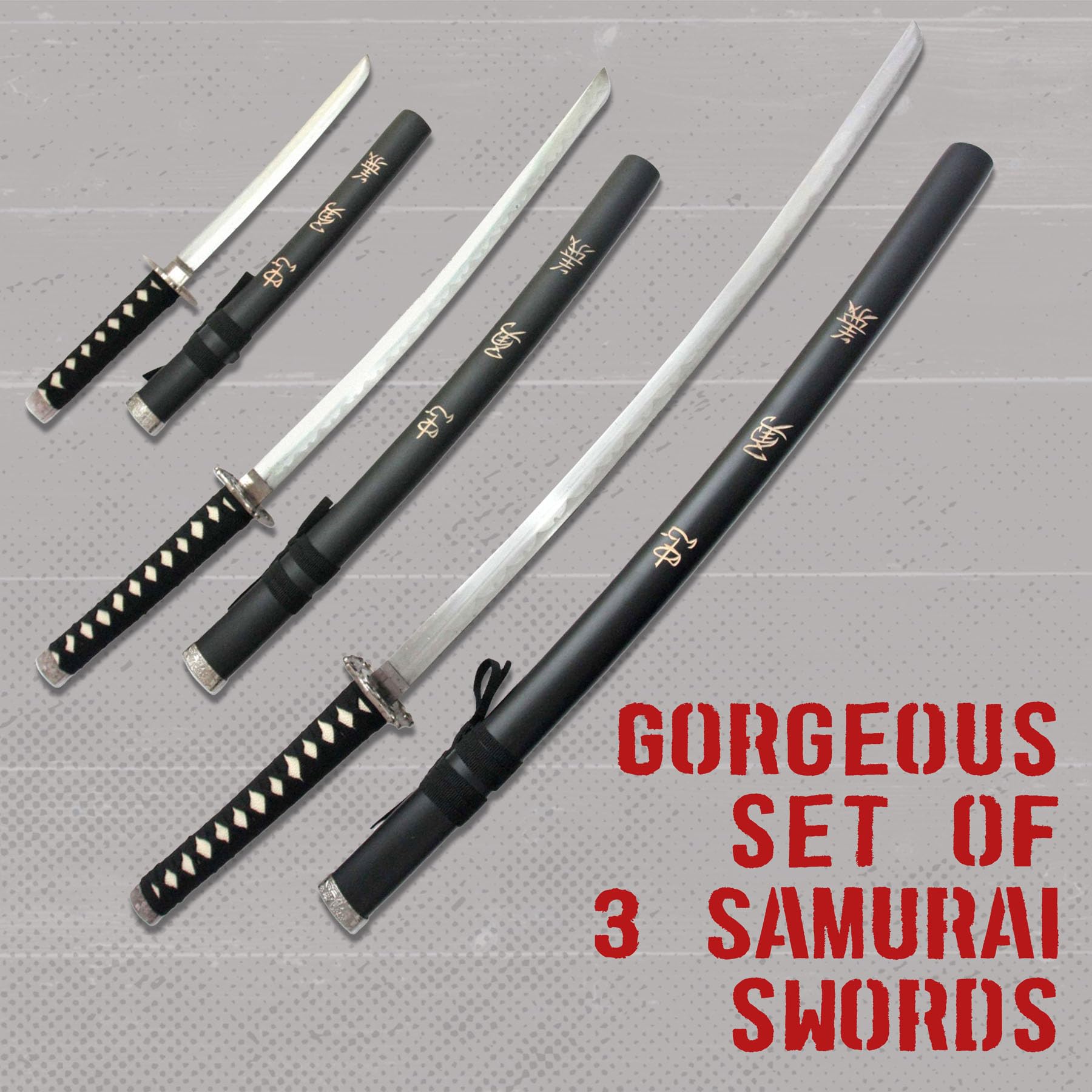 Swords and more Samurai Schwert Set, Samurai 3er Set Samurai Schwerter, Edelstahl, Schwert Metall, Katana Set mit Katana, Wakizashi & Tanto – Katana Schwert, inklusive Schwertständer, als Samurai Deko