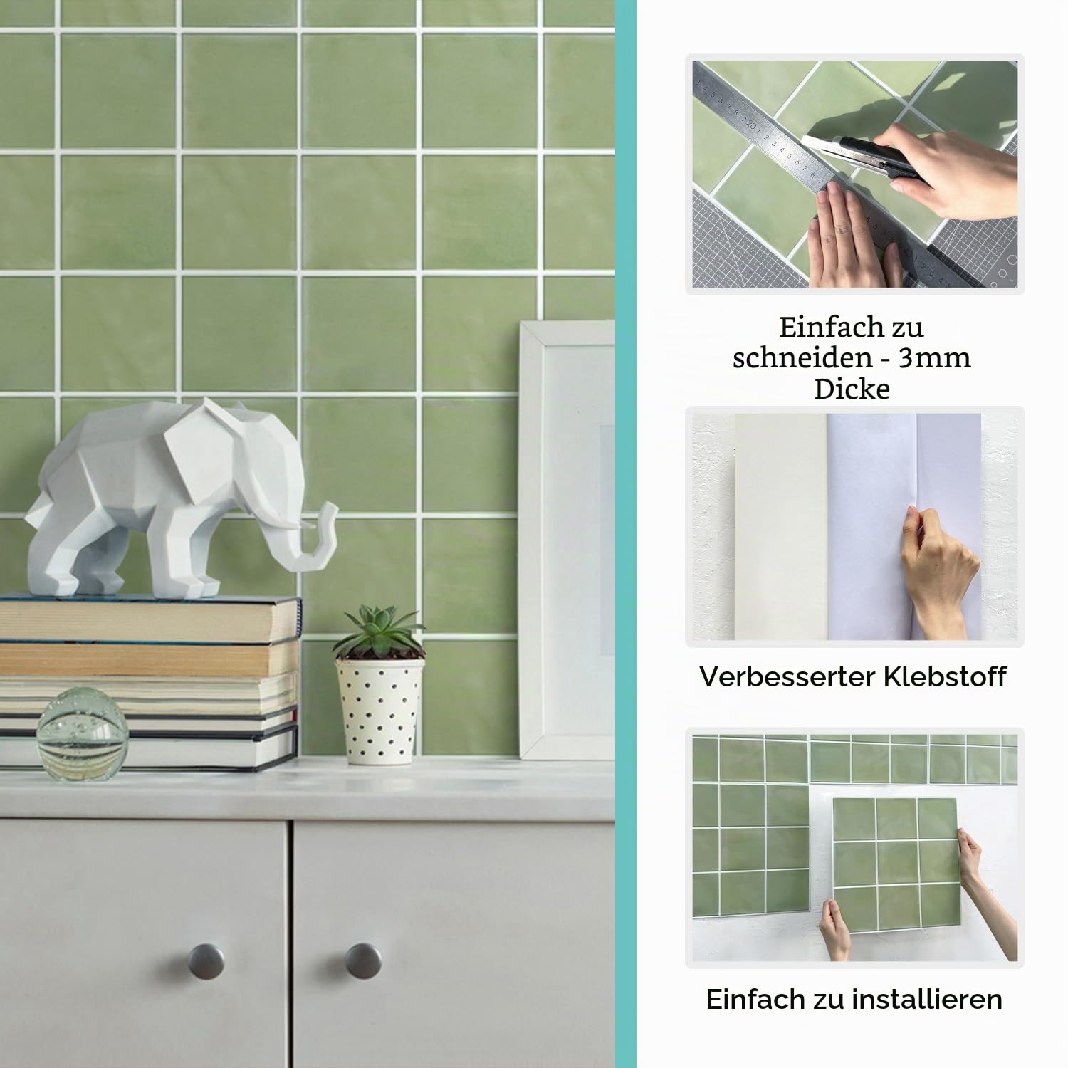 Commomy 3D Selbstklebend Fliesenaufkleber 30 x 30 cm PVC Matt Salbei Grün für Küche Bad Metro Wanddekor