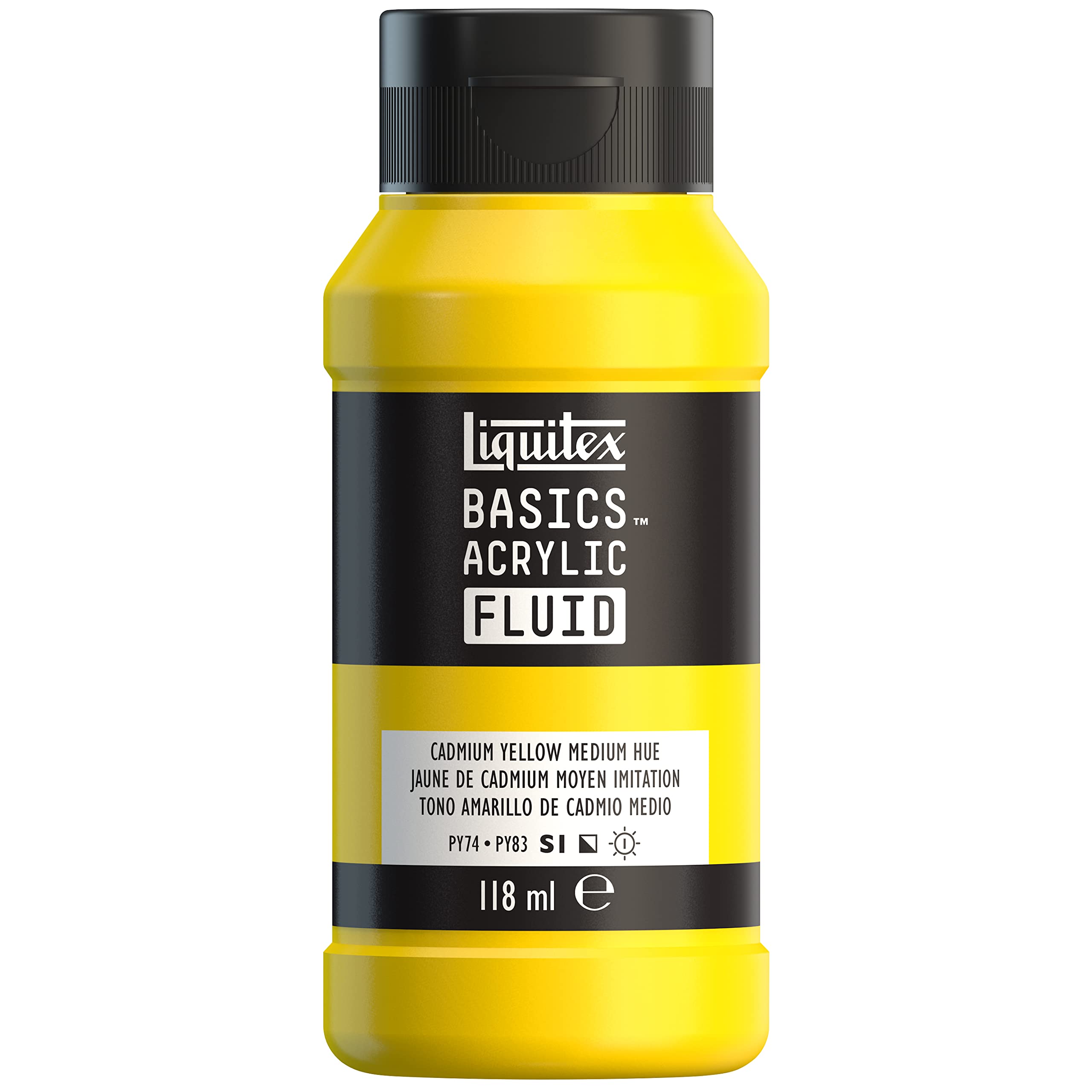 Liquitex 8870382 Basics Fluid Acrylfarbe mit fließender Konsiszenz, schnell trocknend, lichtecht, wasserfest, auf Wasserbasis, 118ml Flasche - Kadmiumgelb Mittel Farbton