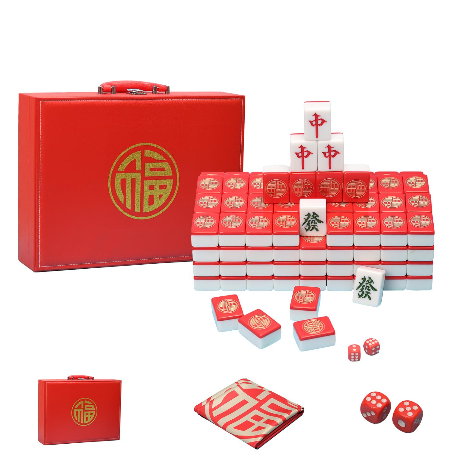 VPH Extra-Large Chinese Mahjong with The Character Fu Lin in red, 144 Pieces in Total, Including a PU Leather case and a Table mat.