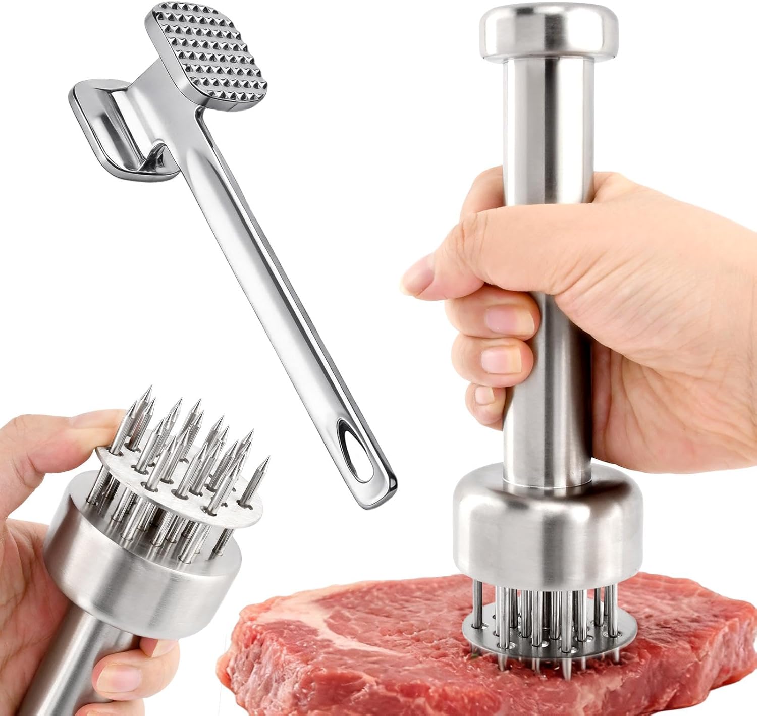 2 Piezas Ablandador de Carne de Acero Inoxidable - Martillo y Agujas