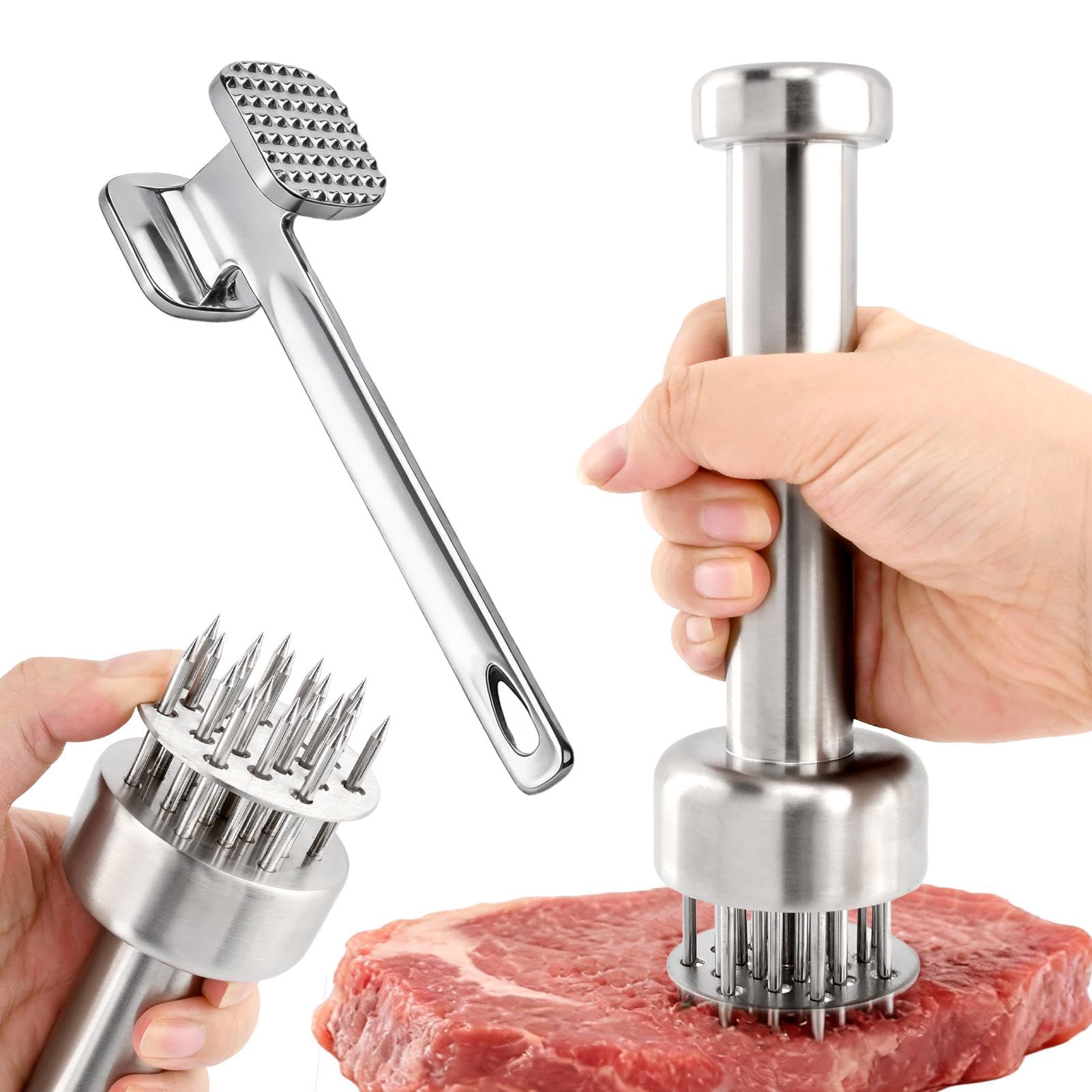 Photo 1 of 2 Pcs Stainless Steel Meat Tenderizer Tools,Meat Hammer and Meat Tenderizer Needle Meats Piercing for Tenderizing Beef Turkey Chicken and Steak(COLOR:Silver)