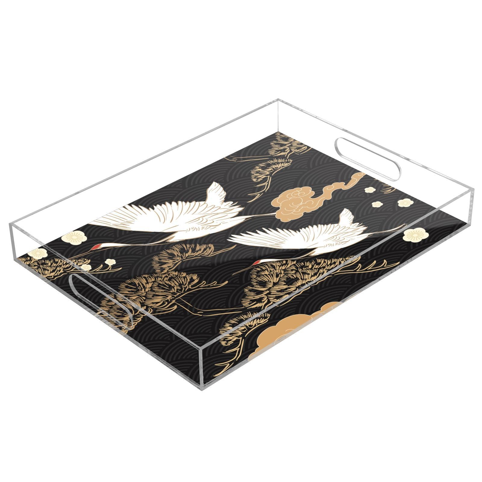 Bandeja acrílica rectangular de 30,5 x 40,6 cm con elementos de grulla y pájaros japoneses para servir, bandeja acrílica impermeable para desayunar