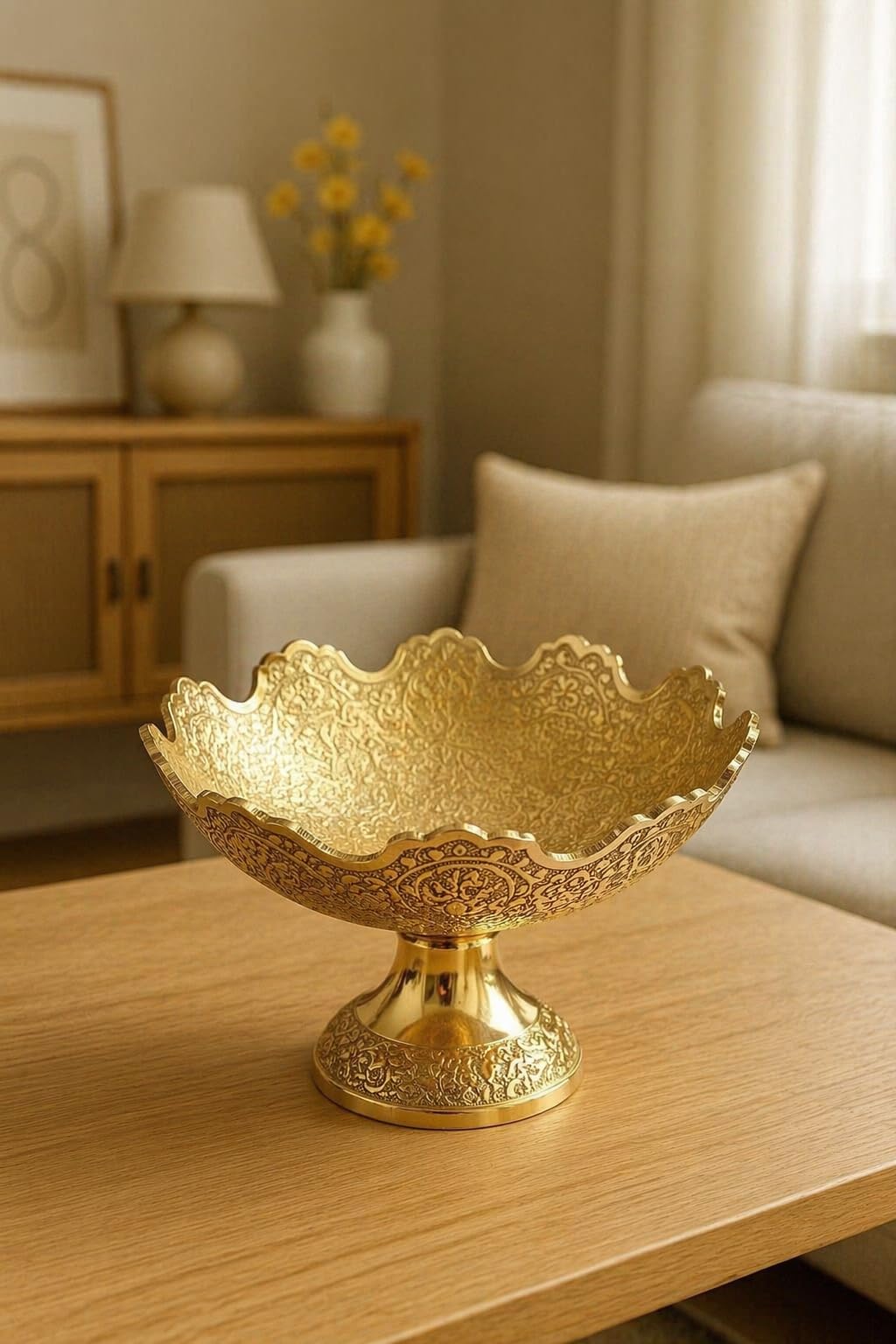 MOJO JOJO Premium Brass Decorative Pedestal Bowl | Handcrafted Engraved Serving Bowl with Stand | Multipurpose Fruit, Dry Fruit & Center Table Bowl | Elegant Traditional Home Décor & Gift Item 2