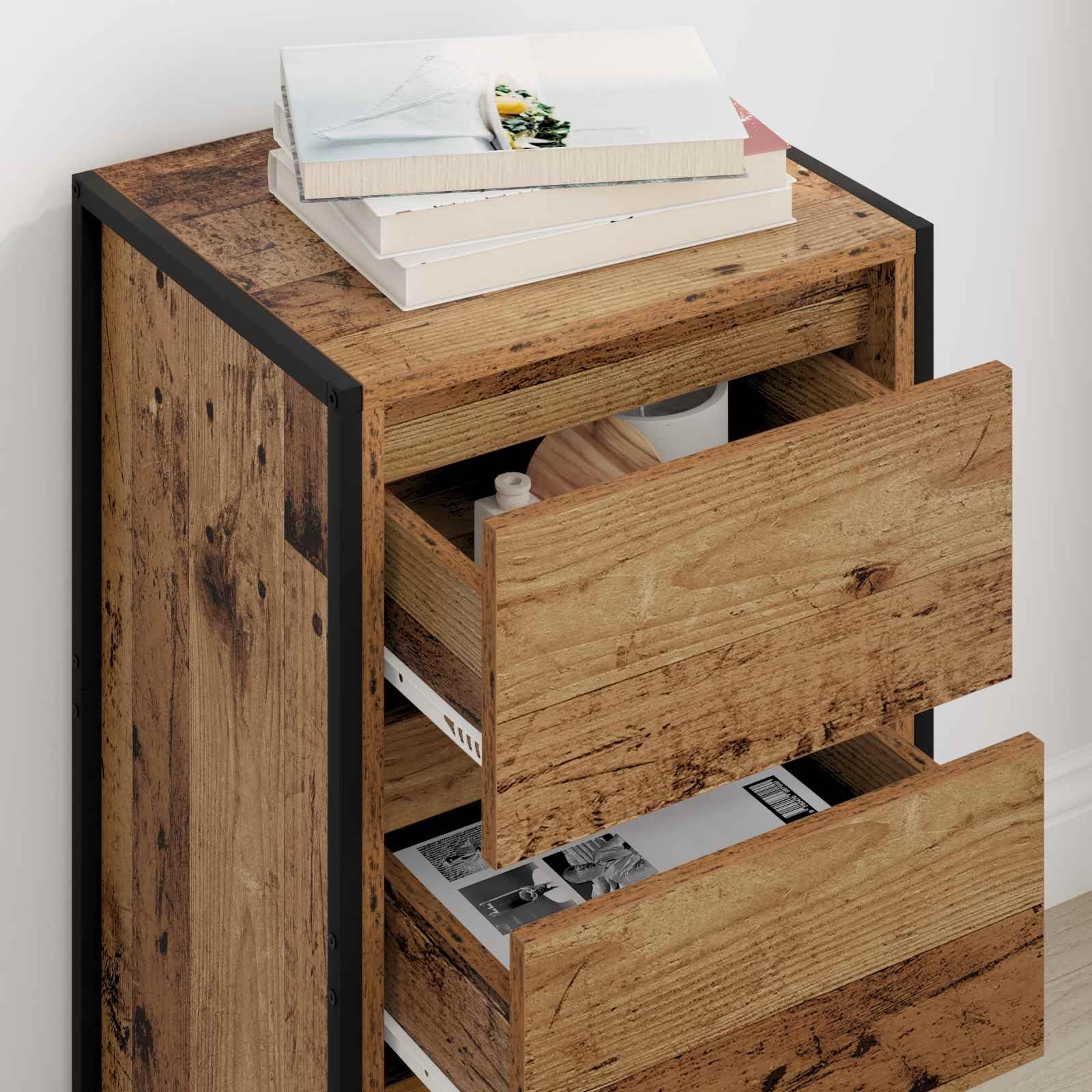 Sideboard Altholz 42 x 36 x 75,5 cm Holzwerkstoff mit Schublade, Industrie-Design Schrank für Wohnzimmer, Schlafzimmer, robuste Stahlbeine, viel Stauraum für Bücher und Dekoration, moderne Wohnidee