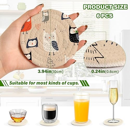 Miniatura 3 de Kawaii Owls Trees Woodland Coasters Set of 6 with Holder Coasters for Drinks Absorbent Cotton Coasters Porta Vasos para Mesas