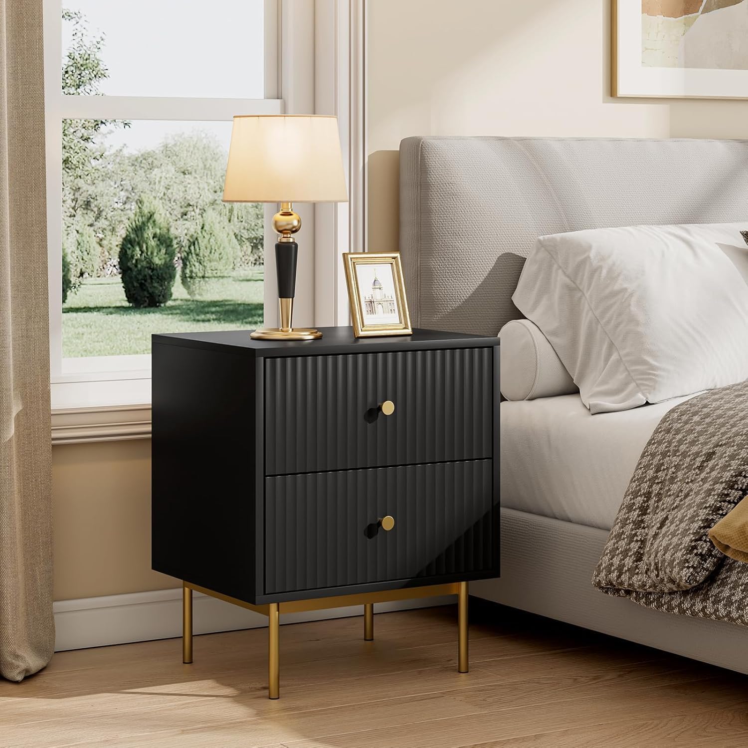 Black Nightstand with 2 Drawers, Fluted Nightstand Set of 2, Sofa Side Table, Bedside Table for Bedroom, Curved Profile Design 2 Black