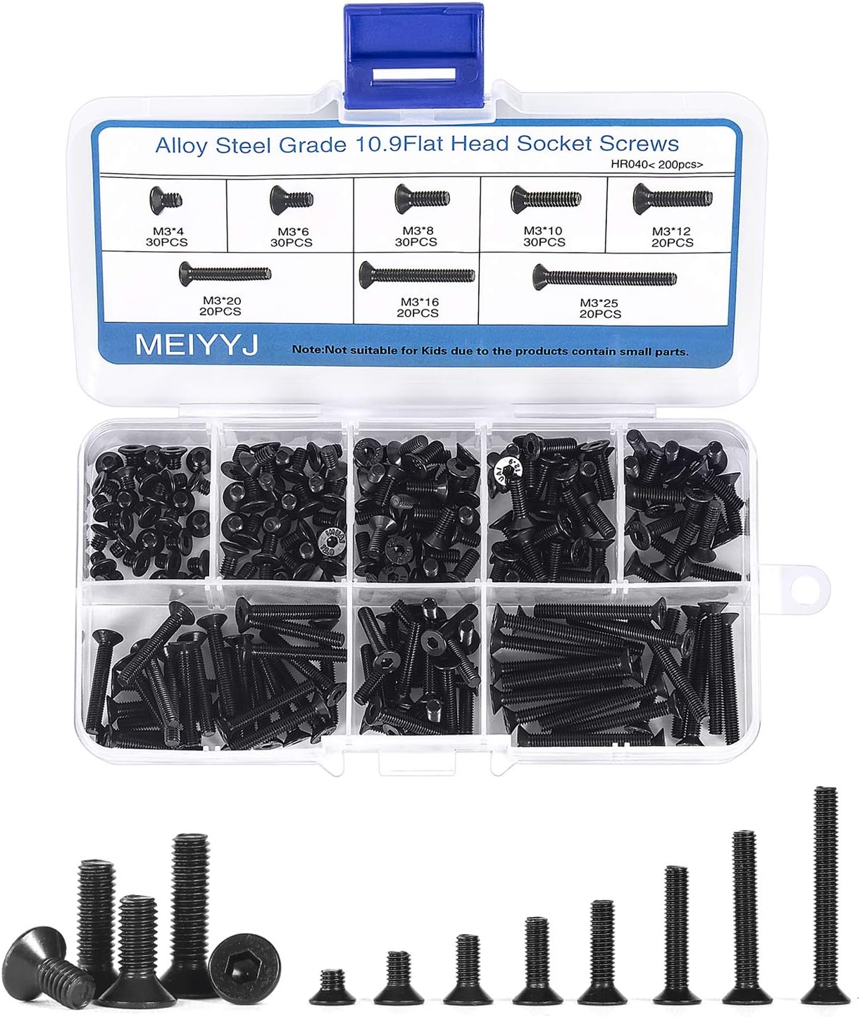 10.9 Grade High Tensile Flat Head Socket Cap Screws Hex Socket Countersunk Screw Set M3 Machine Screws Fastener Repair Tools Assortment Kit, Pack of 200
