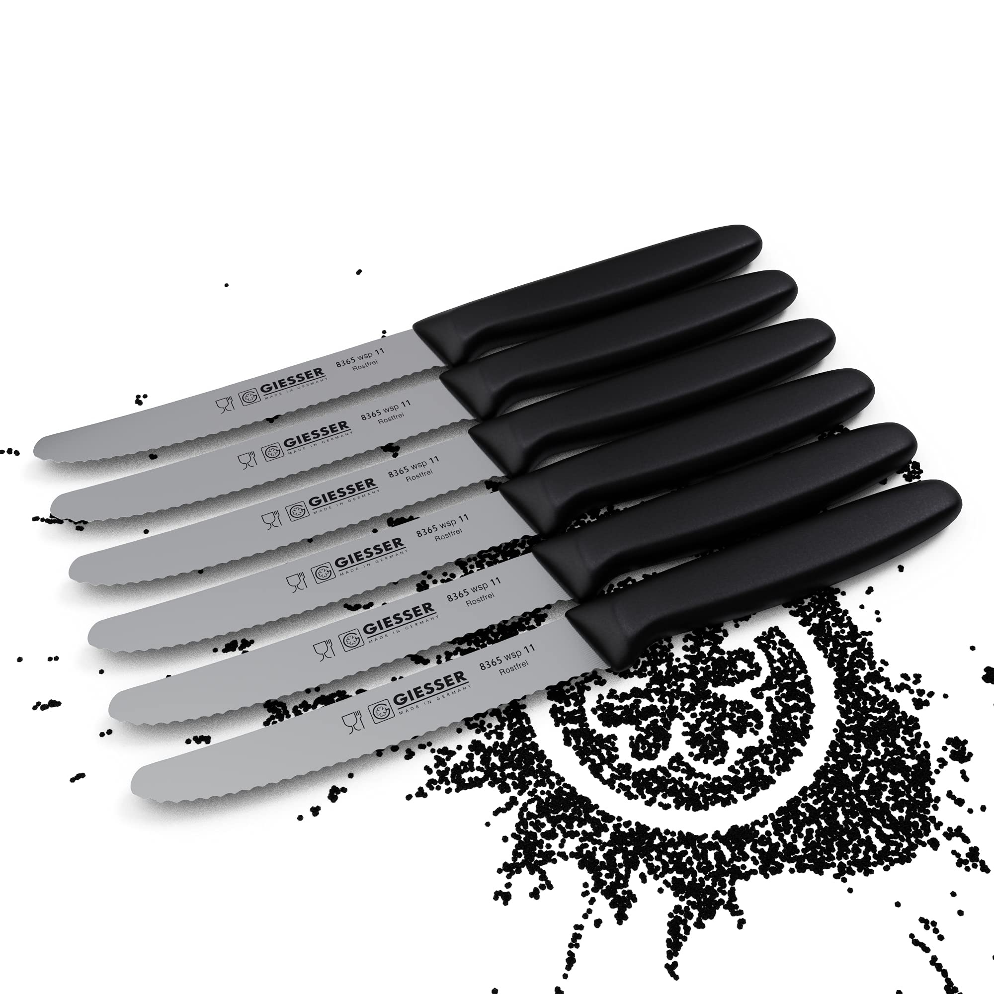 Giesser since 1776 - Made in Germany - Set di 6 coltelli da pomodoro, neri, lama di 11 cm, antiscivolo, piccolo coltello verdura lavabile in lavastoviglie, inossidabile