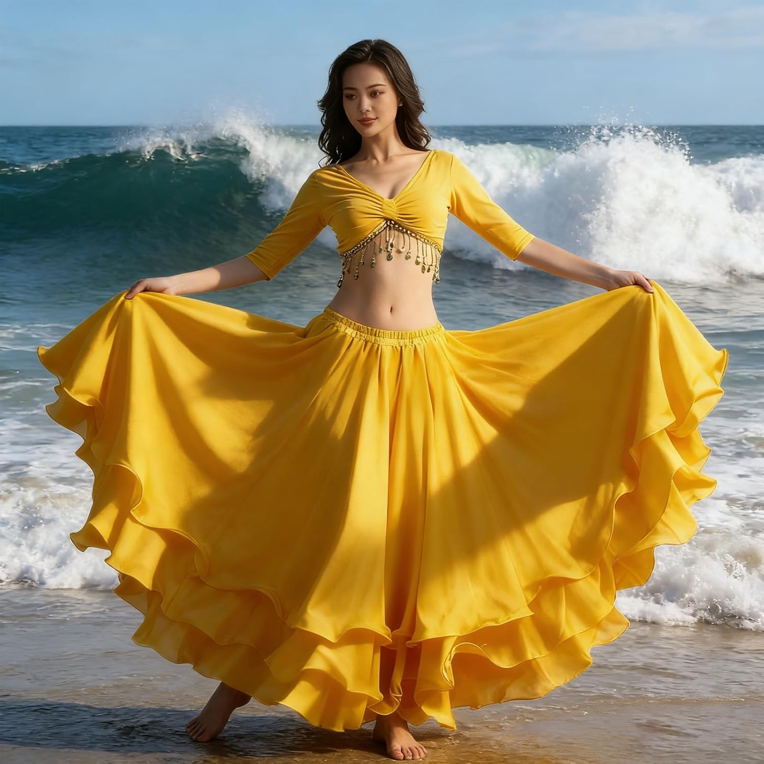 Women's 3-Layer Chiffon Hem Big Swing Skirt Belly Dance Spanish Long Skirts - Image 7