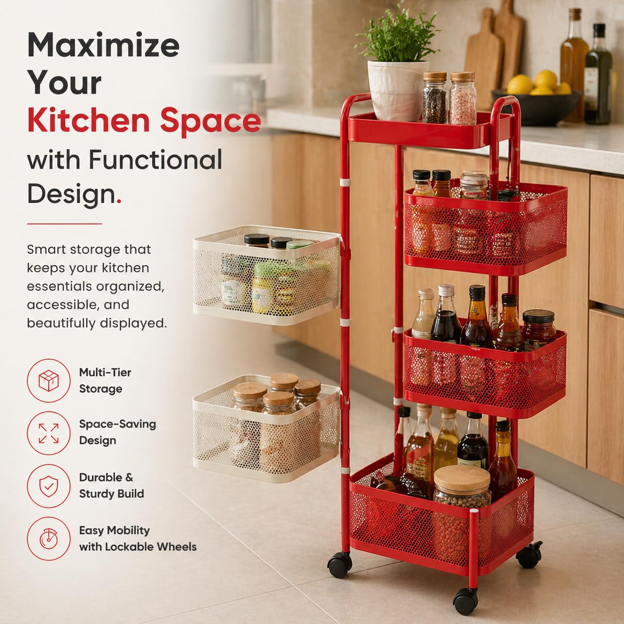 BURAKH Carrello portaoggetti girevole, quadrato, in metallo, con ruote, organizer per cucina e bagno, scaffale per verdure, carrello salvaspazio rosso e bianco (rosso e bianco, quadrato a 6 livelli)