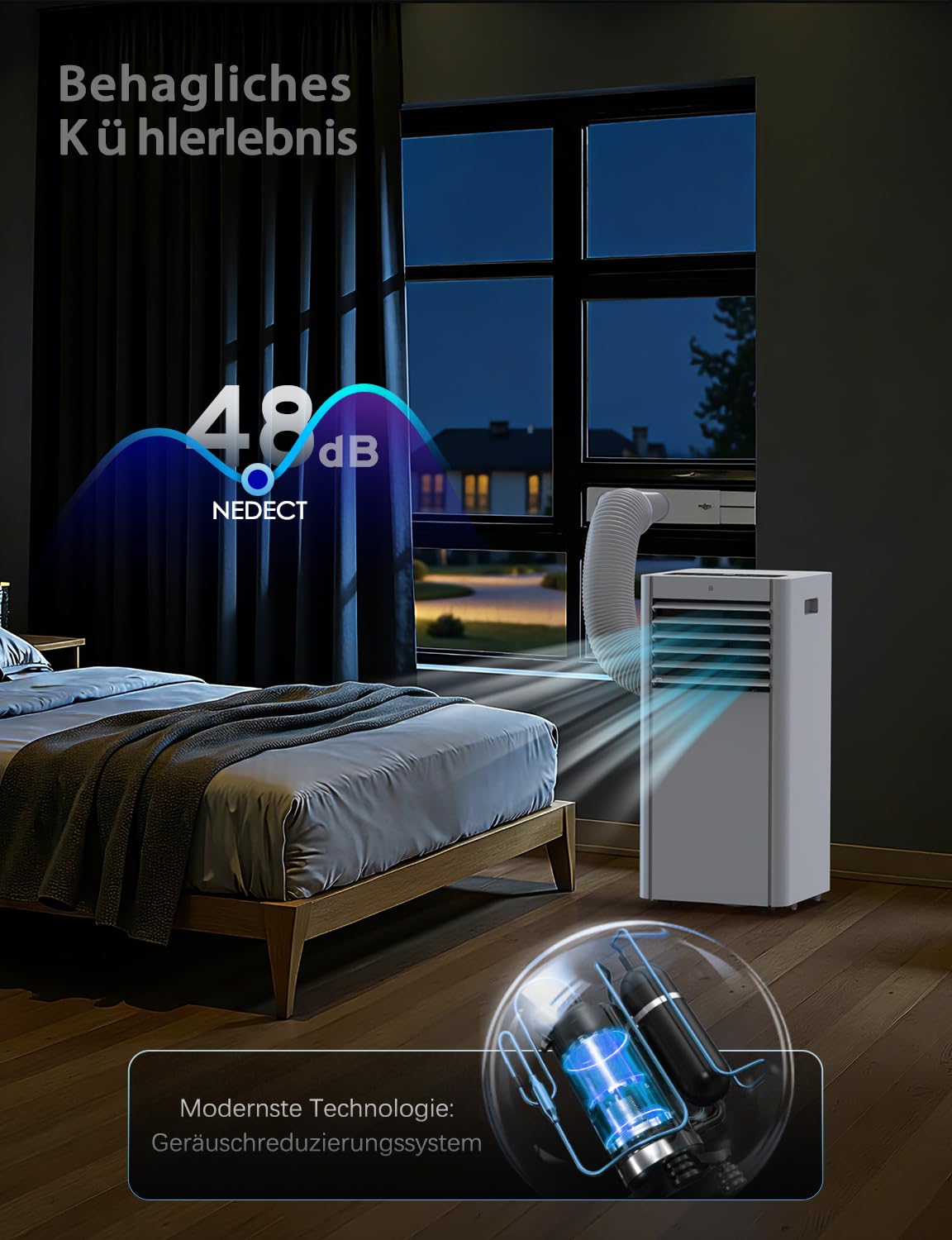 Klimaanlage Mobil 7000BTU, Klimageräte 4-in-1, Kühlung, Entfeuchtung und 2-Stufiger Belüftung mit Schlafmodus | Energieeffizient | Timer | Leiser Betrieb Klimaanlage Mobile