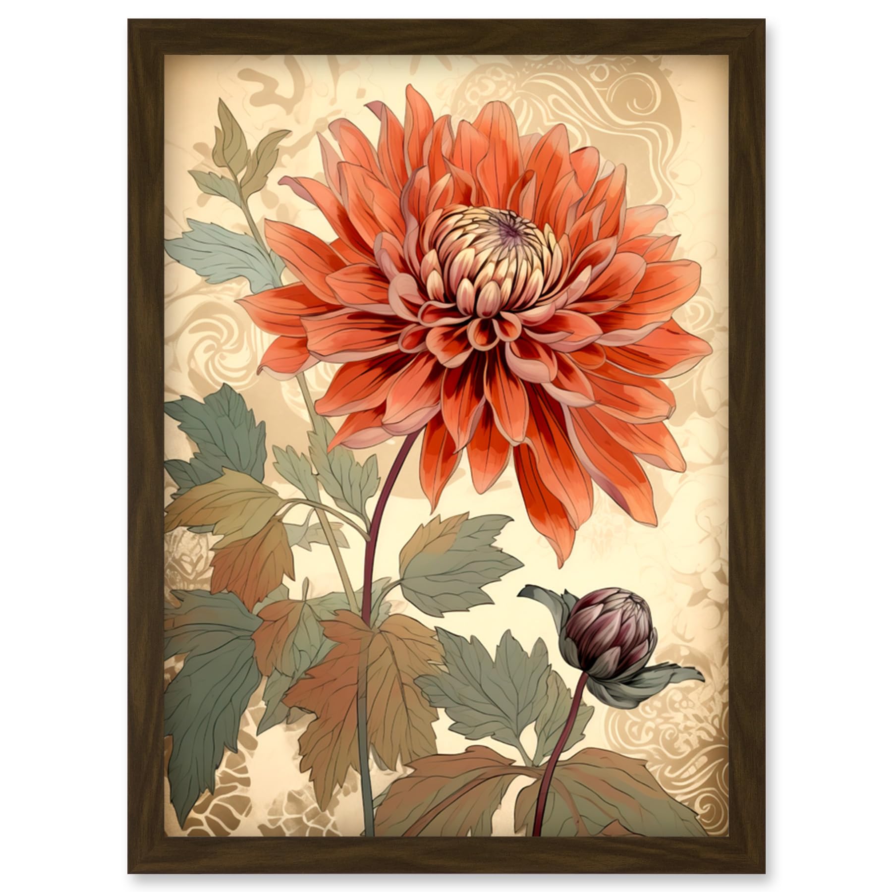 Artery8 Pastel Colour Orange Dahlia Flower with Patterns Artwork Framed Wall Art Print A4