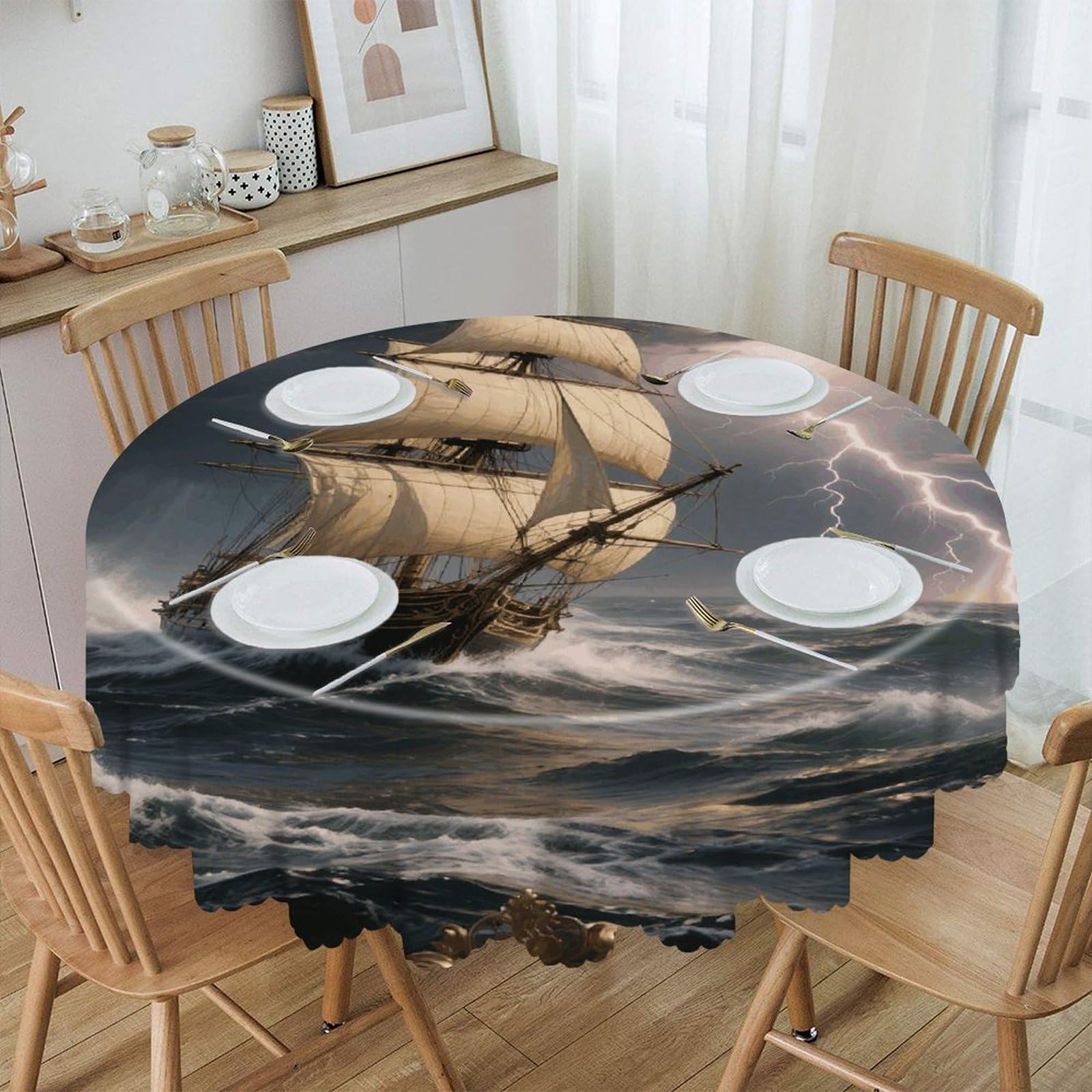 VstaDank Sailing Ship in Stormy Sea Round Tablecloth Wipeable Round Polyester Tablecloth Waterproof Wrinkle Free Indoor and Outdoor Table Cover 60 Inch Decorative Farmhouse Table Cloth for Dining