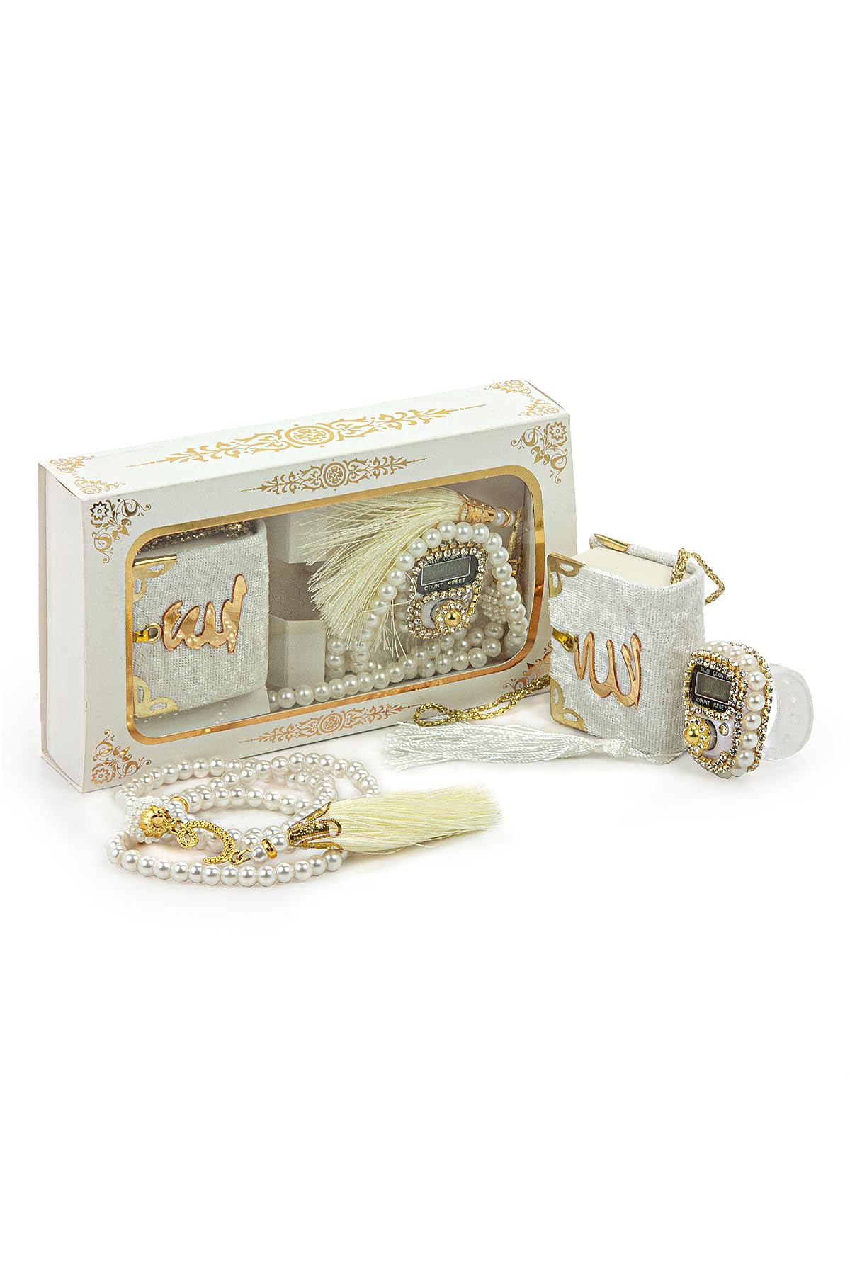 ihvan online Mini Velvet Quran Set with Islamic Finger Counter, Portable Digital Tasbeeh, Muslim Prayer Beads, Pearl Zikirmatic Beads, 3 Pieces Gift Set for Mevlüt (Cream Box)