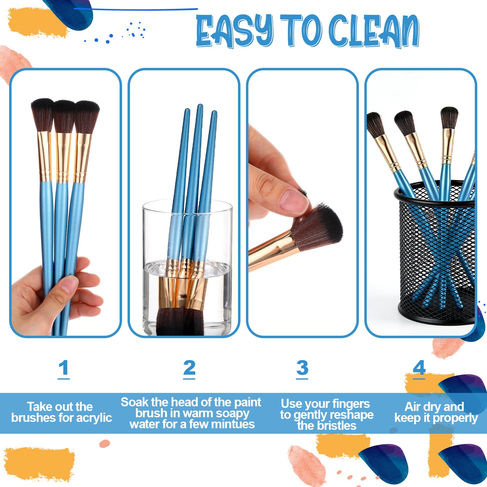 Colarr Lot de 40 pinceaux de 2,5 cm pour peinture acrylique, pinceau ovale avec manche en bois pour peinture acrylique, huile, artisanat, visage et corps (bleu)