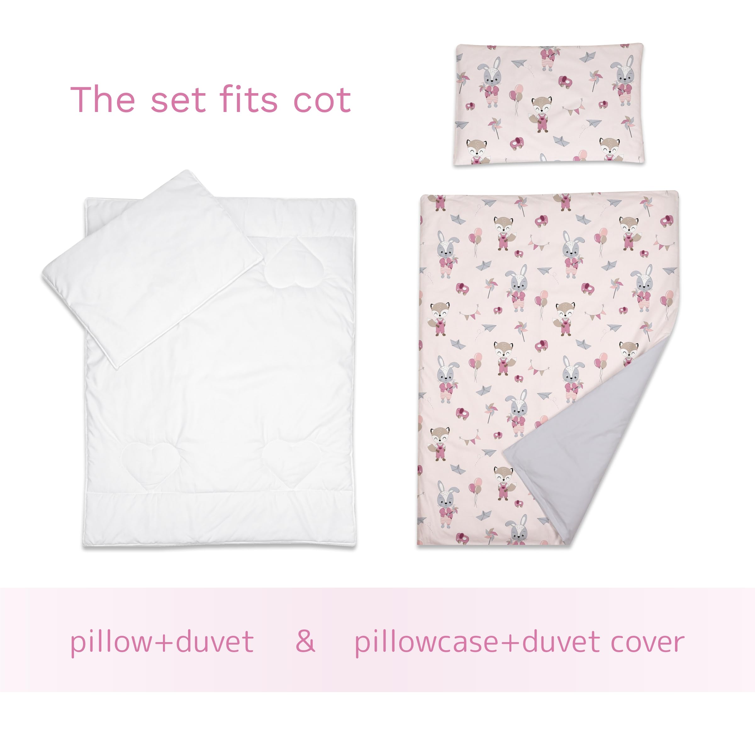 Baby Comfort 4 Piece Toddler Kids Cot Bed Set 120x90 cm Duvet Pillow Duvet Cover Pillowcase 12M+ (Foxes and rabbits) — view 2