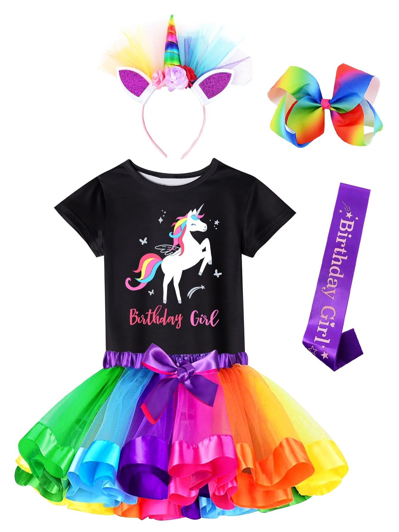 Doctor Unicorn Birthday Girls Unicorn Costume Outfit Rainbow Tutu, Unicorn T-shirt, Satin Sash, Hair Bow &amp; Headband