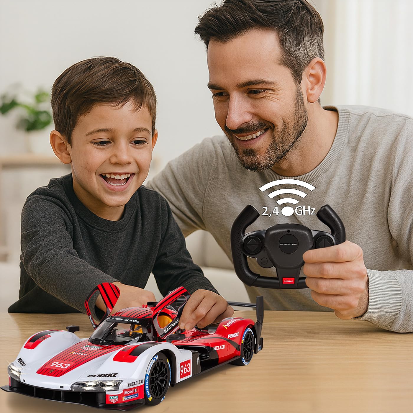 JAMARA 402261 Porsche 963 LMDH 1:14 czerwony, 2,4 GHz, licencjonowany, zdalnie sterowany samochód RC z ręcznymi drzwiami, model samochodu, zabawkowy dla dzieci