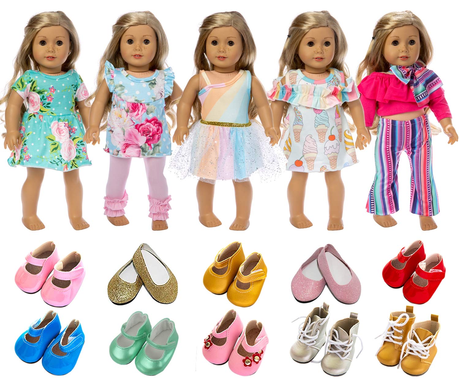 ZITA ELEMENT American 18 Inch Girl Doll Clothes Outfits Lot 7 = 5 Daily Costumes Clothes + 2 Random Style Shoes for 18 Inch Doll Accessories