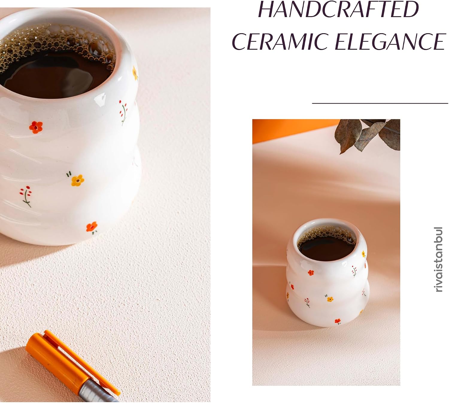 Handmade Double Coffee Mug with Heart Design | Ceramic Coffee & Tea Cup for Latte, Espresso & Cappuccino | Cute Gift Mug for Women, Men, Couples & Everyday Home Use (Minimal Flowers)