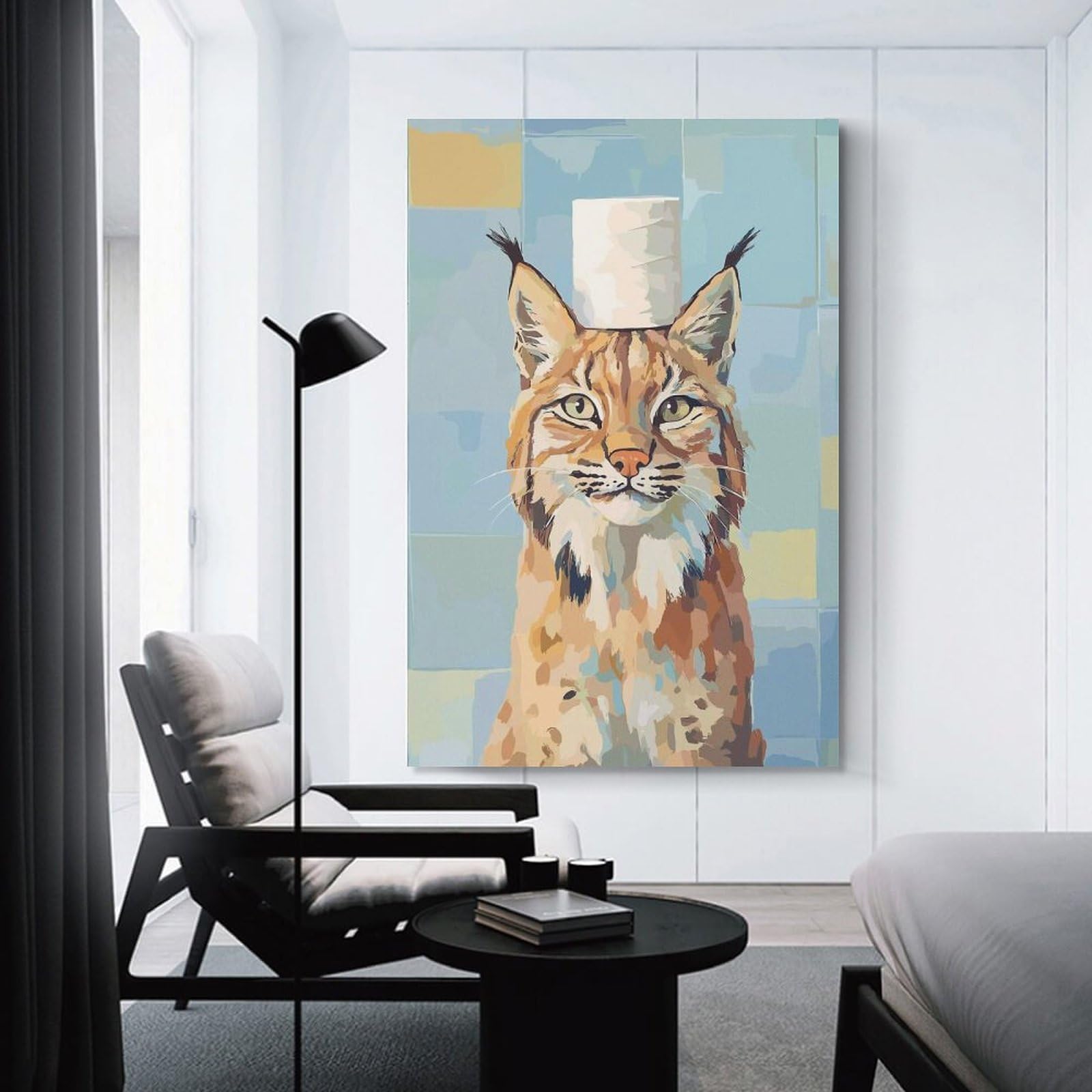Junmoney Unframe-Style-7 Canvas Art Print Lynx With Toilet Paper Hat, 20X30inch(50X75cm), For Contemporary Homes, Apartments Or Offices, Decorative Canvas Decor For Home Updates