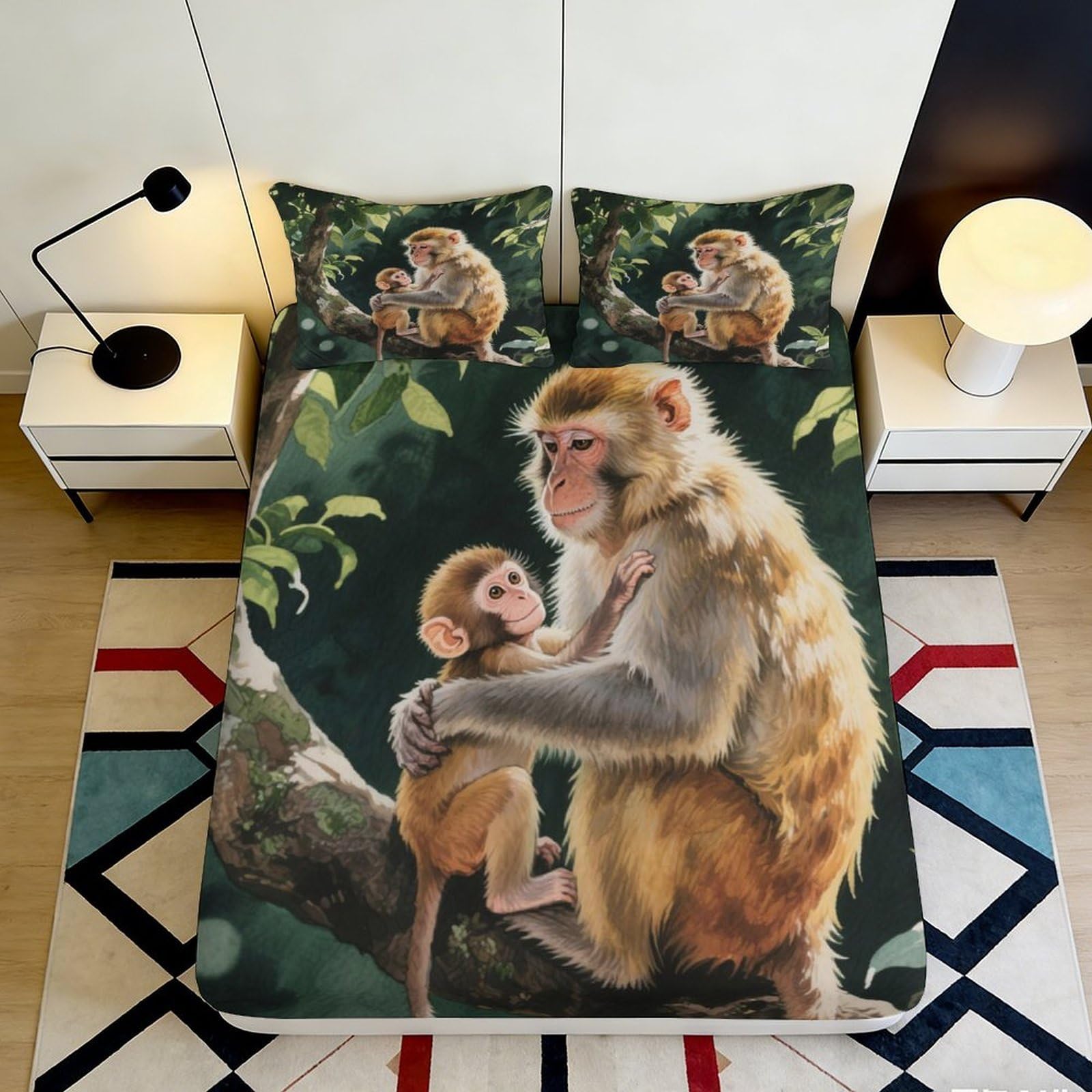 3D Printed Monkey Family Fitted Sheet Microfiber Soft Durable Jungle Animals Bed Cover for Bedroom Dormitory Guest Room Mattress Protection 180x200x25cm
