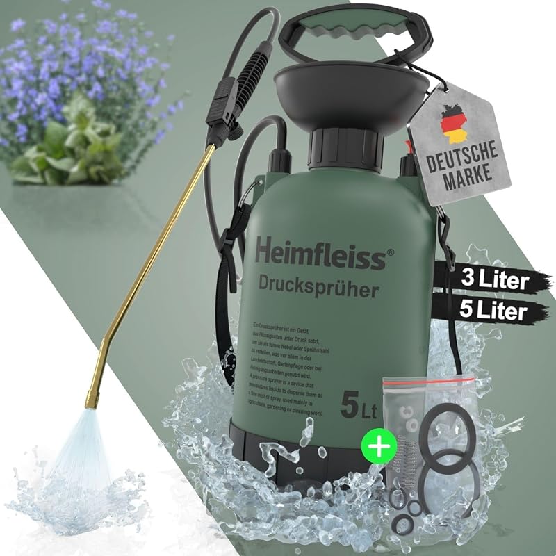 Heimfleiss 5 Literes Nyomáspermetező - Kerti és Autómosó Permetezőpalack, Állítható Vállpánttal, 3 Bar Nyomással, Sárgaréz Szórófejjel, Növé
