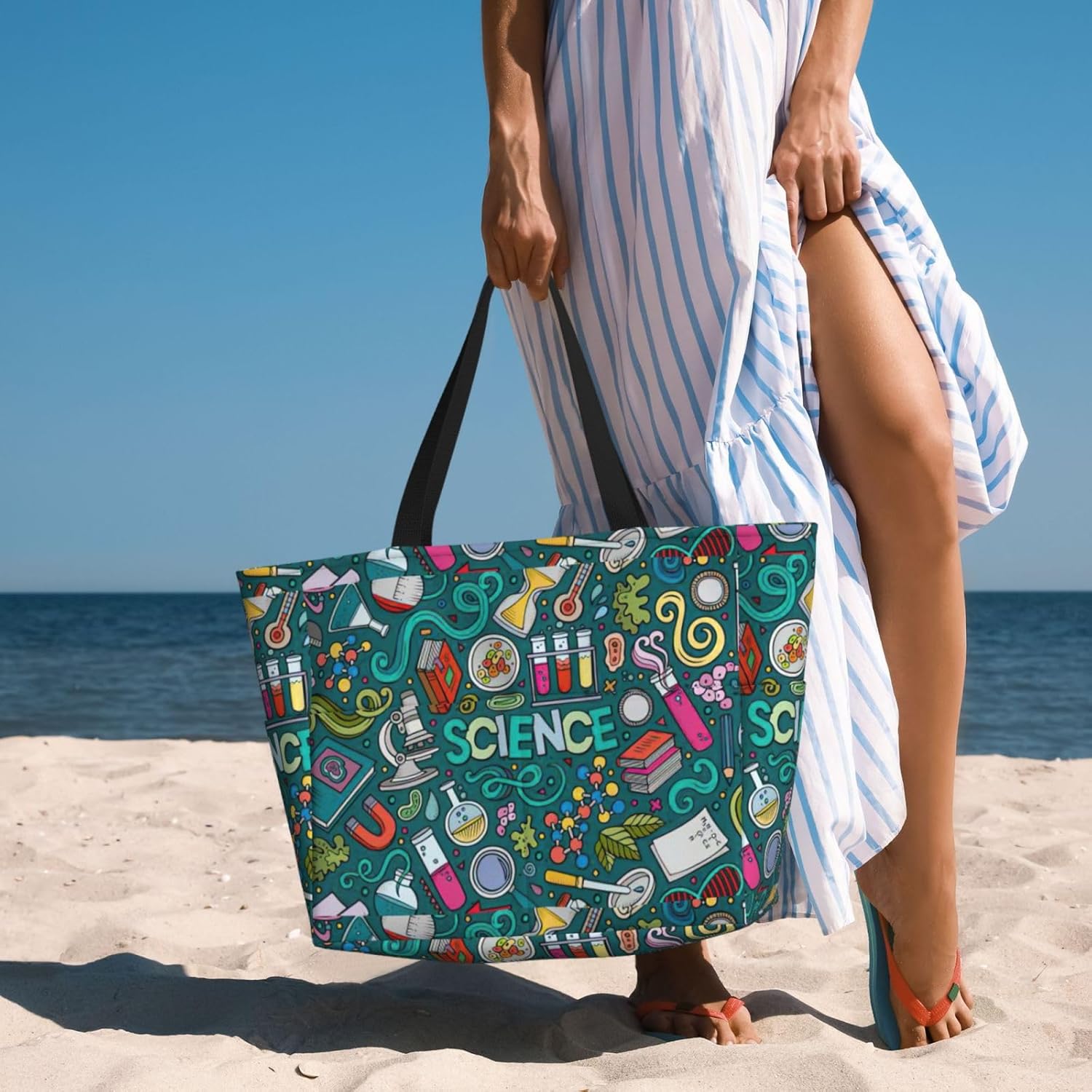 Cartoon Science Theme Print Tote Bag Travel Companion For Beach Vacation Picnic & Daily Sporting Activities