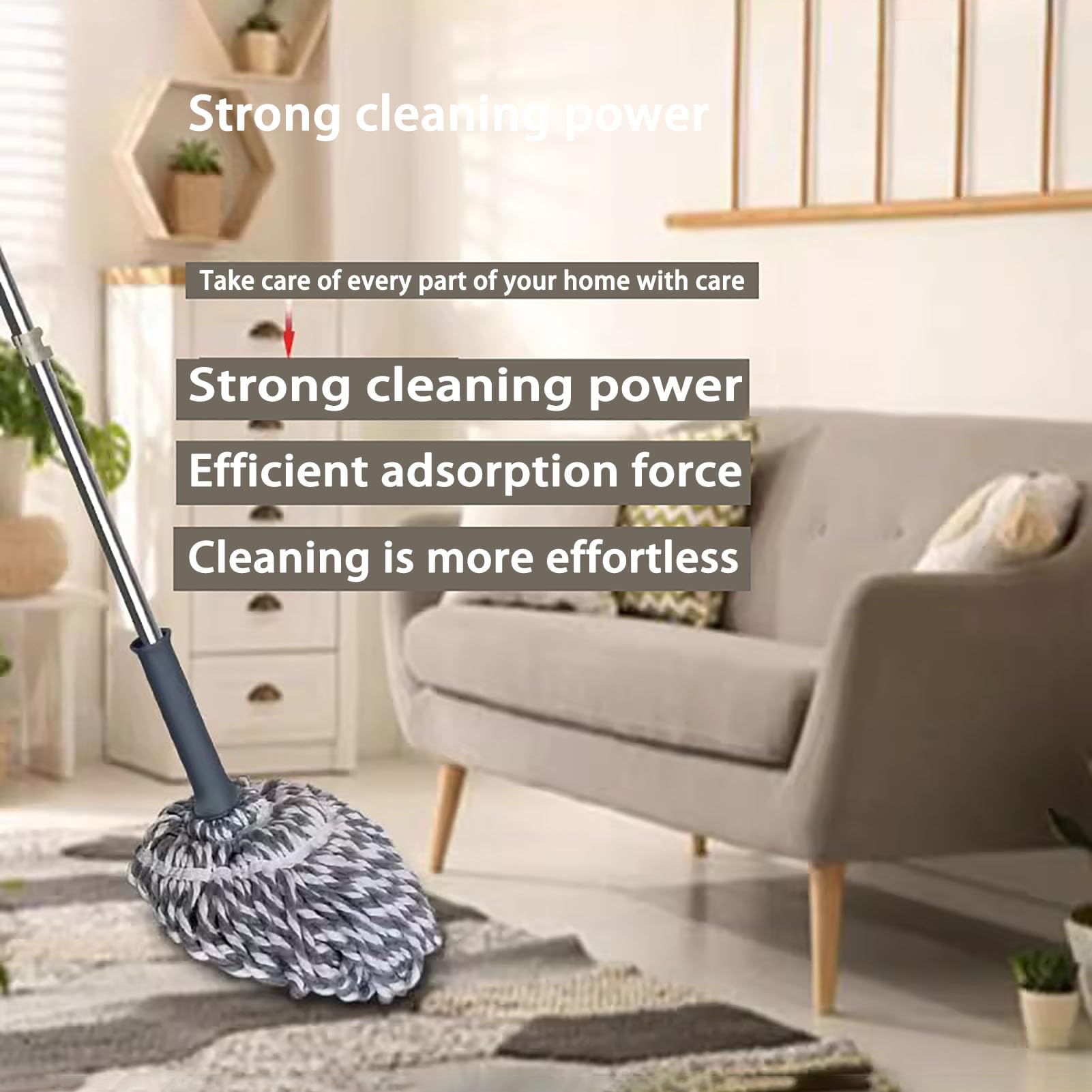 Fregona Autoescurrible con Función de Extrusión de Agua, Fregona Microfibra Profesional con Mango de Acero Inoxidable, Doble Uso Seco y Húmedo, Mopa para Limpiar Azulejos y Paredes,Offwhite