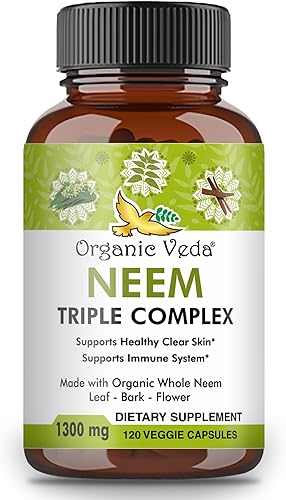 Organic Veda Cápsulas de Neem con extracto de hoja de neem complejo triple, corteza y flor – Suplemento de hierbas aumenta la inmunidad, mejora la