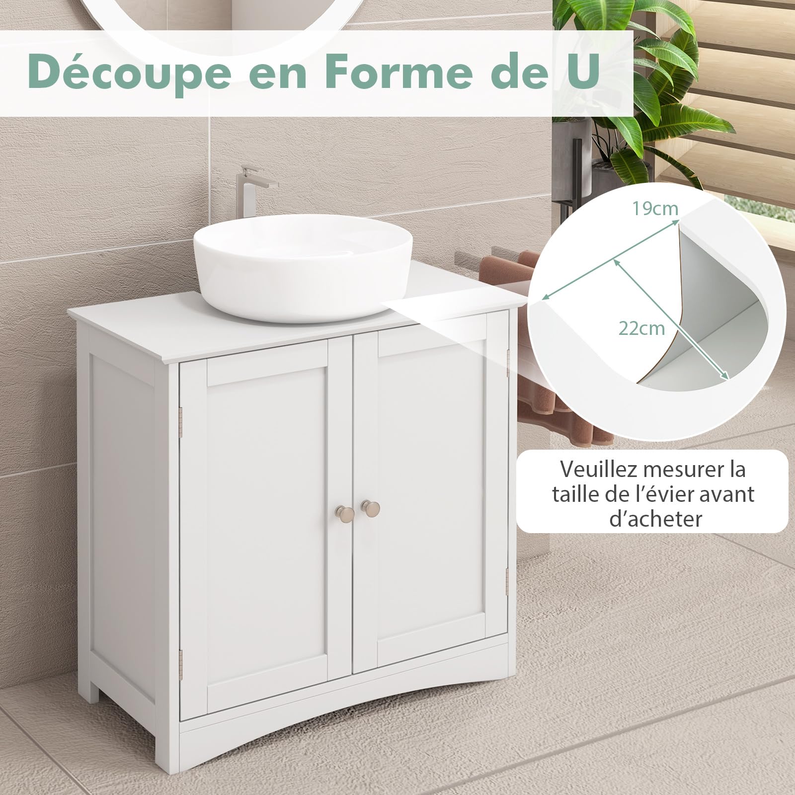 GOPLUS Meuble Salle de Bain sous Lavabo, 2 Portes, Étagère, Meuble Salle de Bain de Rangement sous Vasque avec Découpe en U 22x19cm, Grand Espace de Rangement, Style Moderne, 60x30x60cm, Blanc
