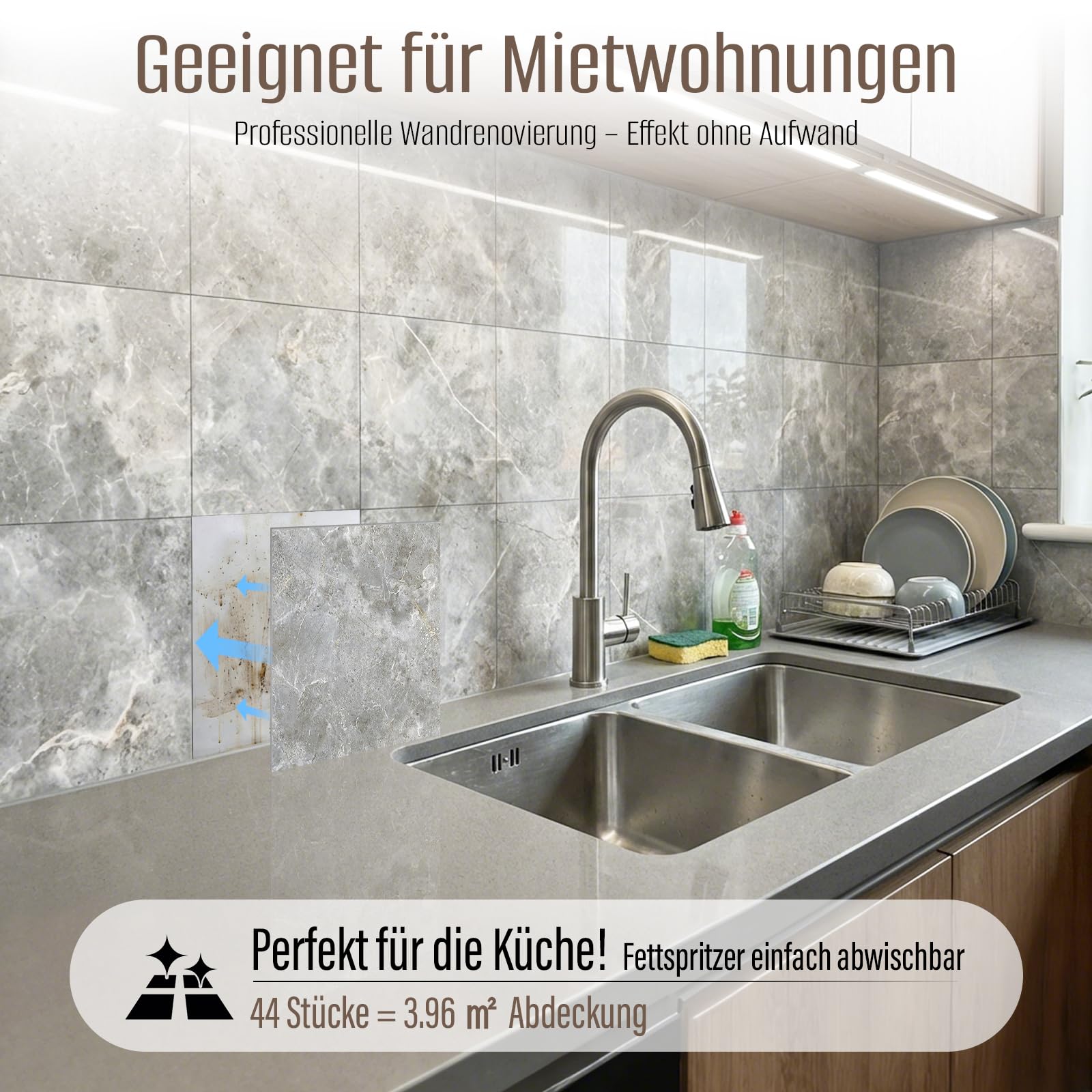 OJTOJT Wandfliesen Selbstklebend 30x30cm 44 Stück, Peel and Stick Tiles, Wasserfest, Marmor Fliesenaufkleber für Küche Wohnzimmer