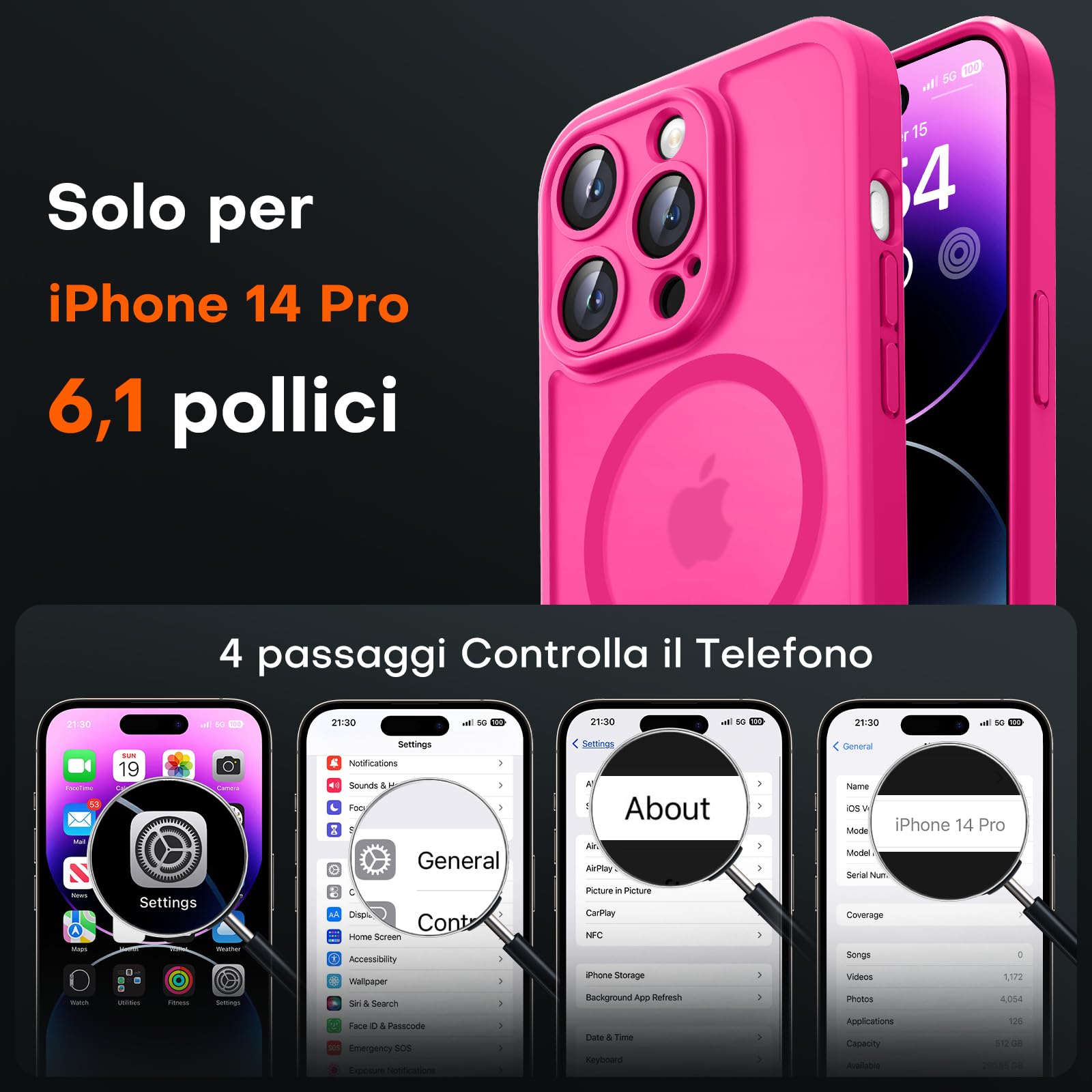 TOCOL Cover Magnetica per iPhone 14 Pro 6,1 Pollic, Compatibile con MagSafe, Protezione Fotocamera Integrata, Custodia Antiurto Traslucida Opaca, Rosa Caldo