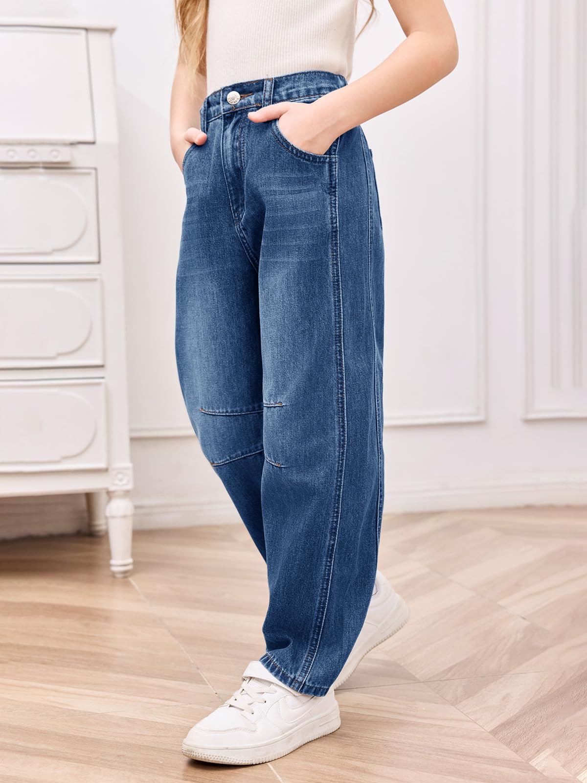Haloumoning Jeans a gamba larga da bambina, alla moda, con elastico in vita, pantaloni larghi in denim con tasche, 5-14 anni