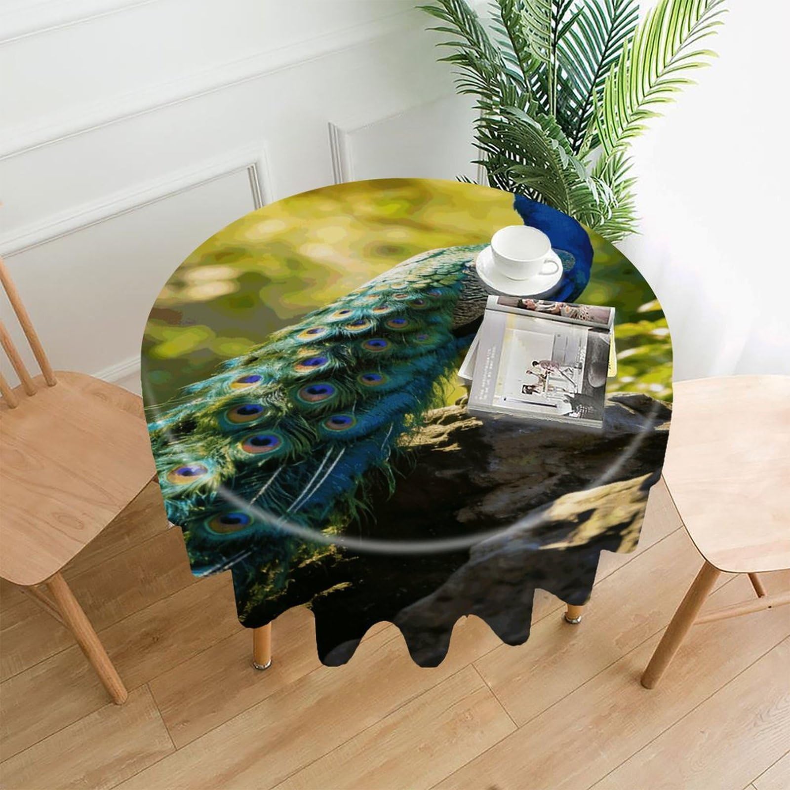 LZQPOEAS Beautiful Peacock Tablecloth Easy to Clean Polyester Round Table Cover Washable Round Table Cloth Wrinkle-Free Circle Decoration Tablecloth for Kitchen and Dining Room 60"