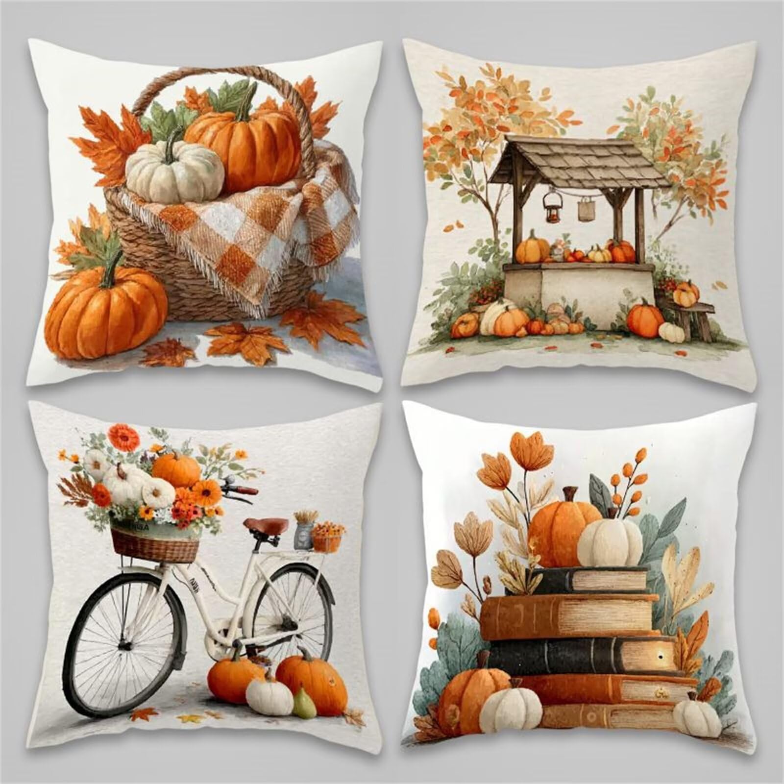 QiHon Autumn Pumpkin Cushion Covers 60x60 cm Set of 4, Decorative Throw Pillow Cases, 24x24 inch Square Linen Pillowcases for Sofa Living Room Bedroo