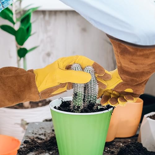 Miniatura 7 de Guantes de trabajo de jardinería para mujer, guantes de cuero para jardín, a prueba de espinas, sin puñaladas para excavar, plantar, podar