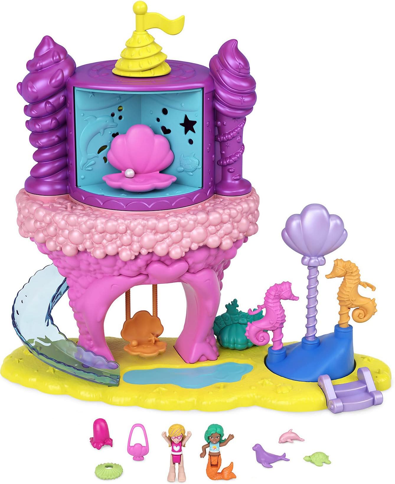 Polly Pocket Polly Pocket Rainbow Funland Mermaid Cove Ride Playset, Polly & Dolls, 15 Accessories, Dispenser Feature for Surprises