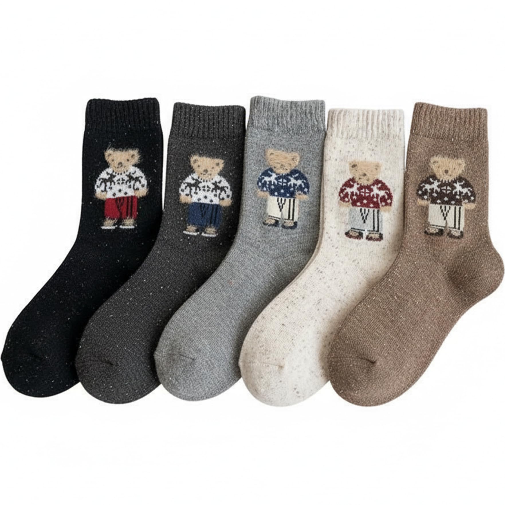 Monetais Teddy Bear Socks Women 5 Pairs Warm Soft Mid-tube Kawaii Socks for Winter, Bear Women