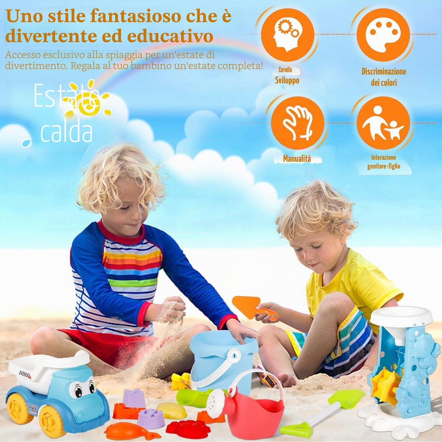 Giocattoli da Spiaggia, 30 Pezzi Spiaggia di Sabbia Giocattoli con Borsa a Rete, Secchiello, Secchiello Spiaggia, Acqua Ruota, Stampi, Giochi Spiaggia Bambini per attività All'aperto Bambini