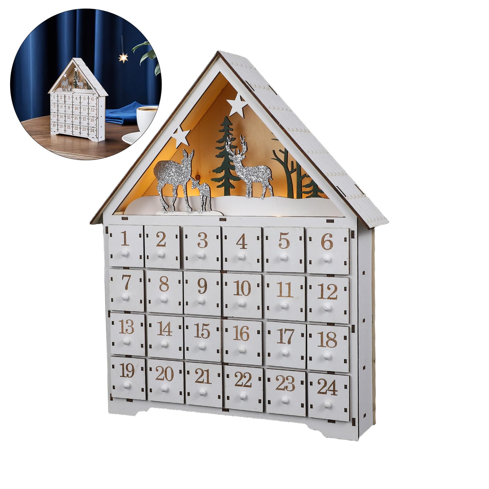 Calendario de Adviento de Madera con Luces LED y Reutilizables Decoración Navideña con Diseño de Casa y Reno para Almacenamiento y Regresiva