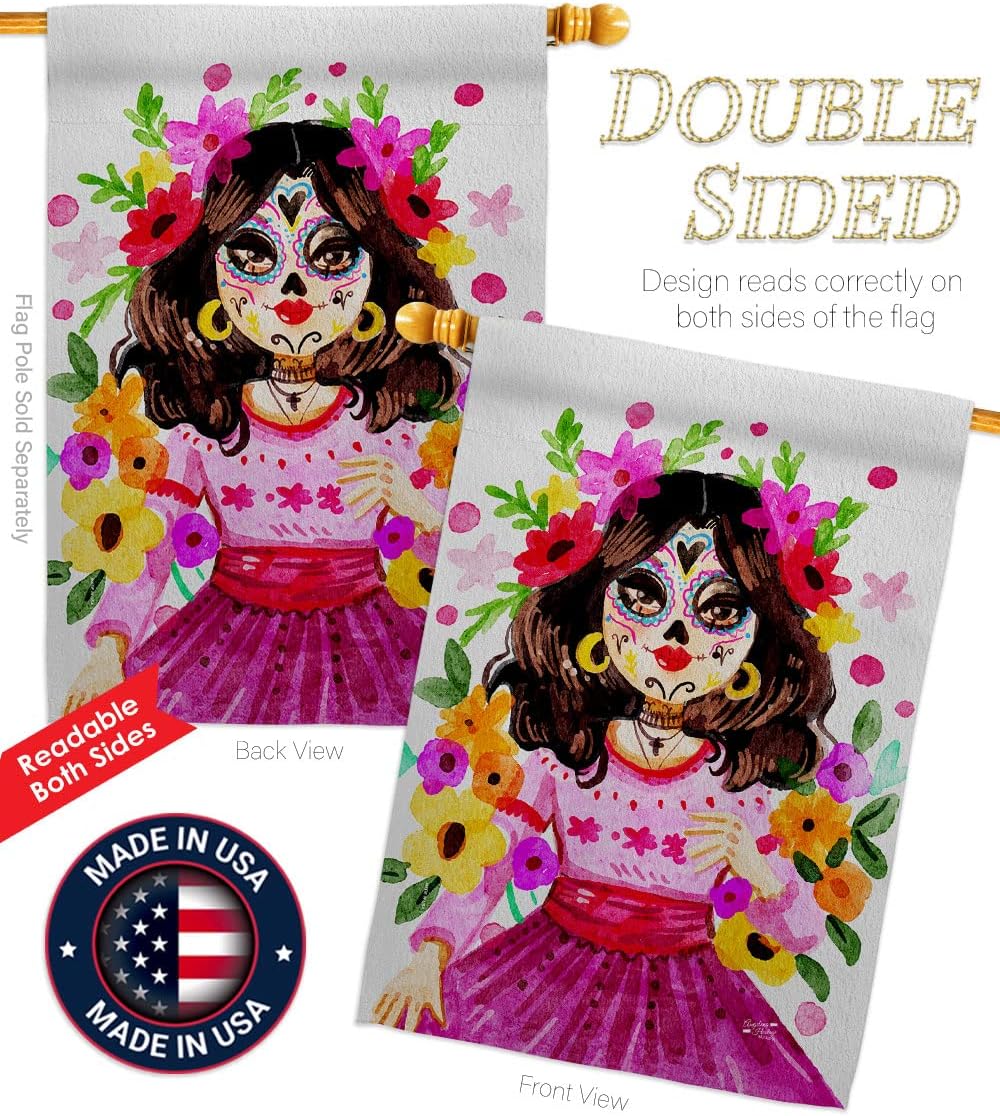 La Catrina House Flag Falltime Day of Dead Dia De Los Muertos Fiesta Mexican Party Autumntime Decoration Banner Small Garden Yard Gift Double-Sided, Made in USA