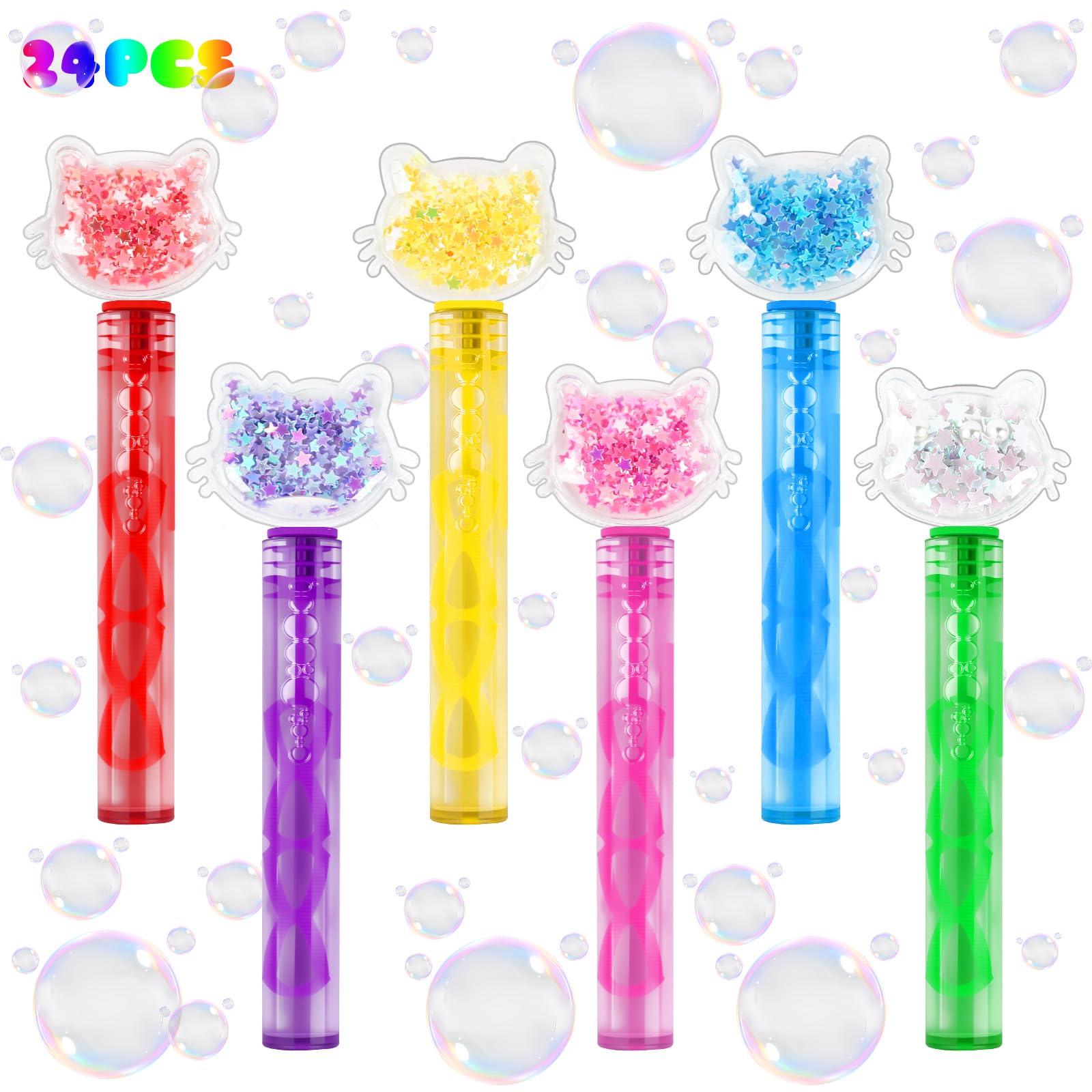 We1stdsee Cartoon Cat Theme Party Favors, 24Pcs Glitter Bubble Wands for Kids Birthday Party Goodie Bag Stuffer Fillers, Classroom Giveaways, Carnival
